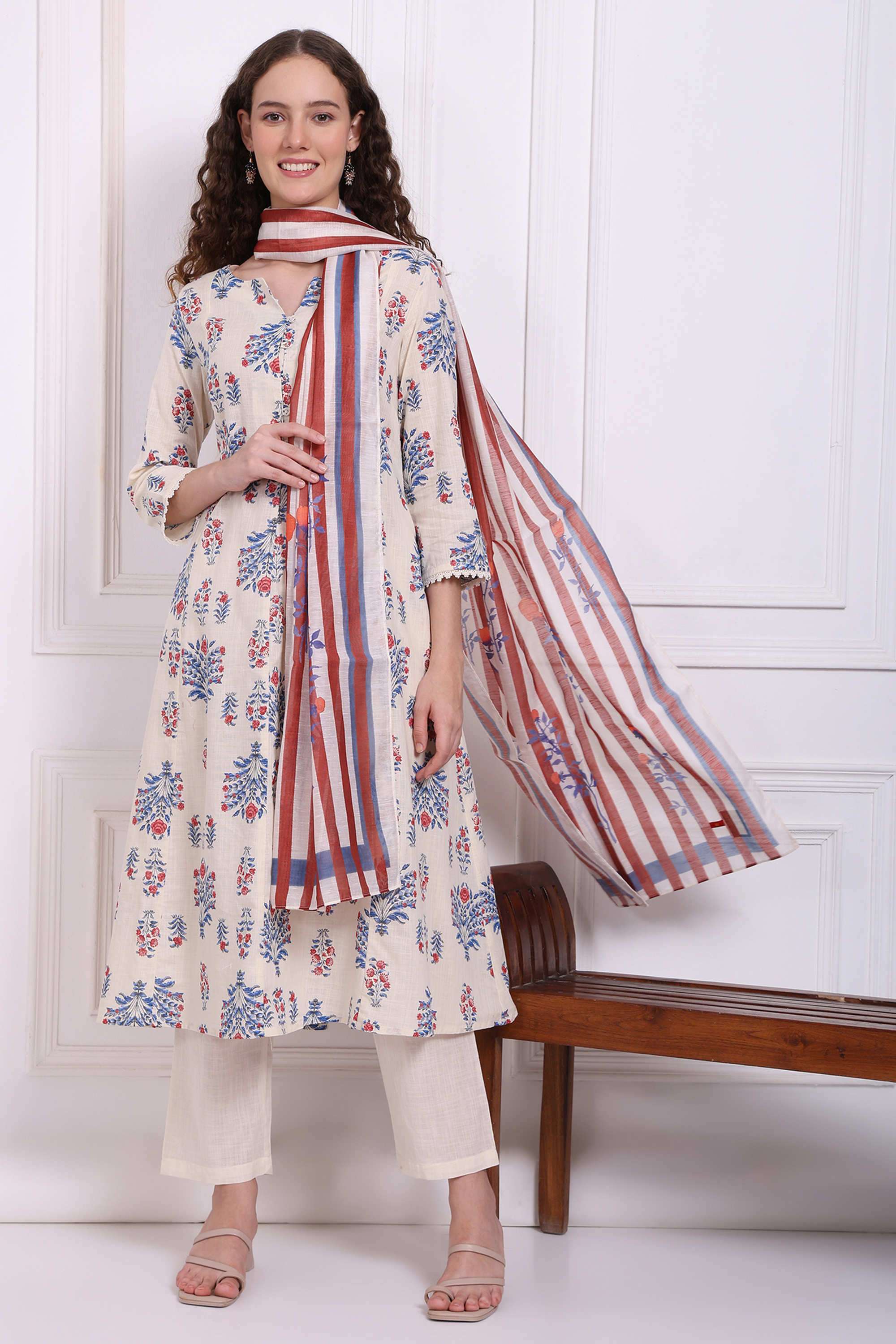 Floral-Calf-Length-Pure-Cotton-Woven-Women-s-Kurta-Set