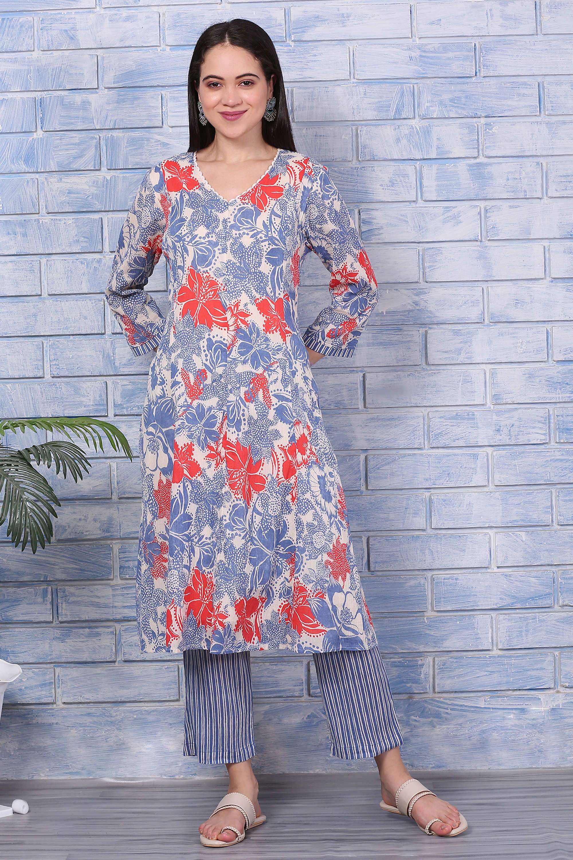 Floral-Calf-Length-Pure-Cotton-Woven-Women-s-Kurta-Set