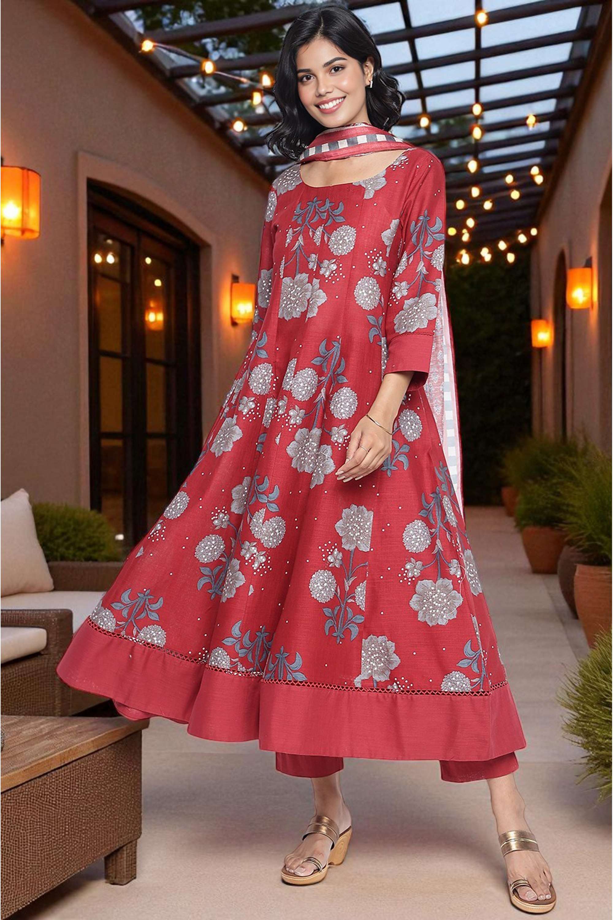 Floral-Cotton-Round-Neck-Women-s-Fusion-Wear-Kurta-Set