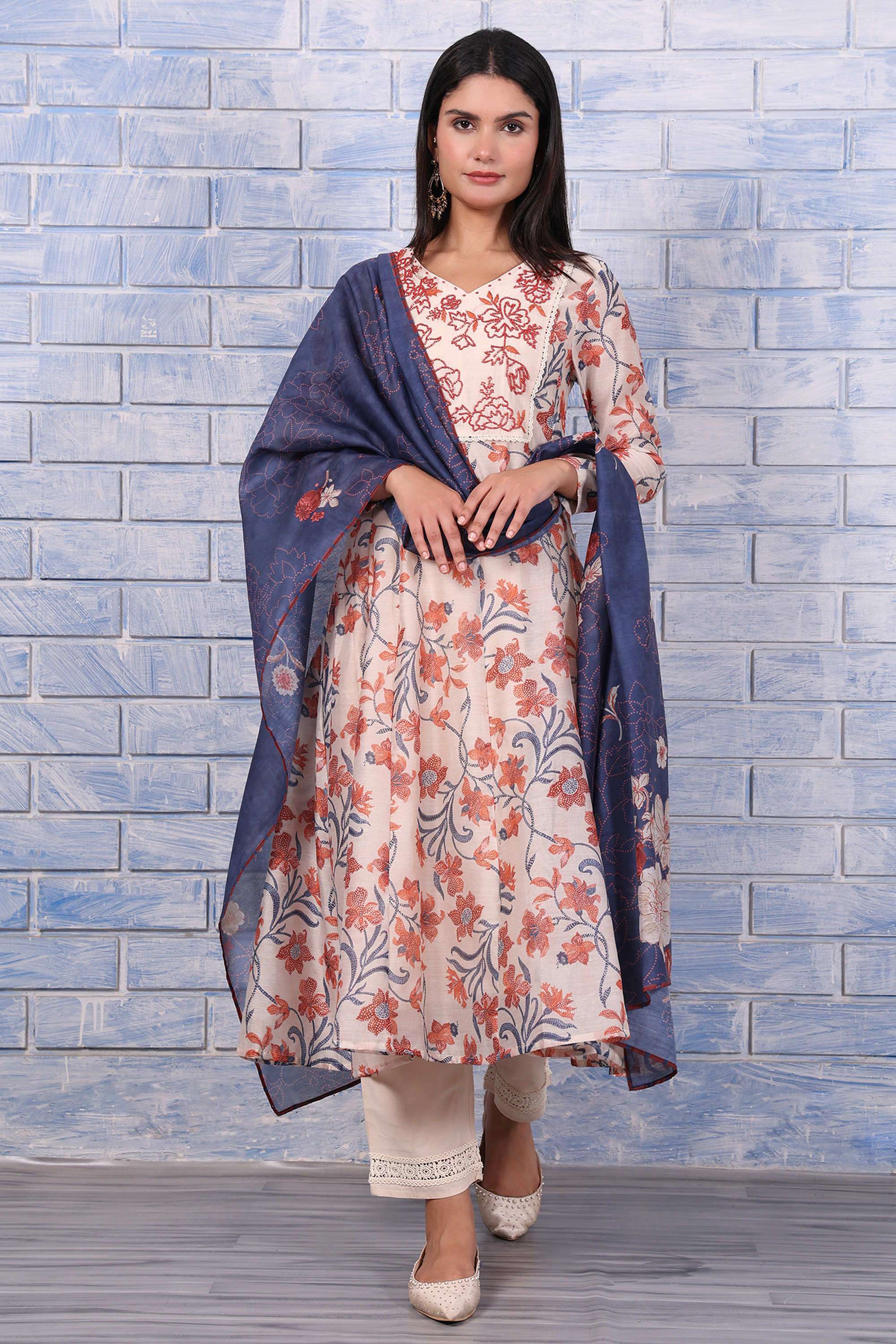 Floral-Calf-Length-Polyester-Woven-Women-s-Kurta-Set