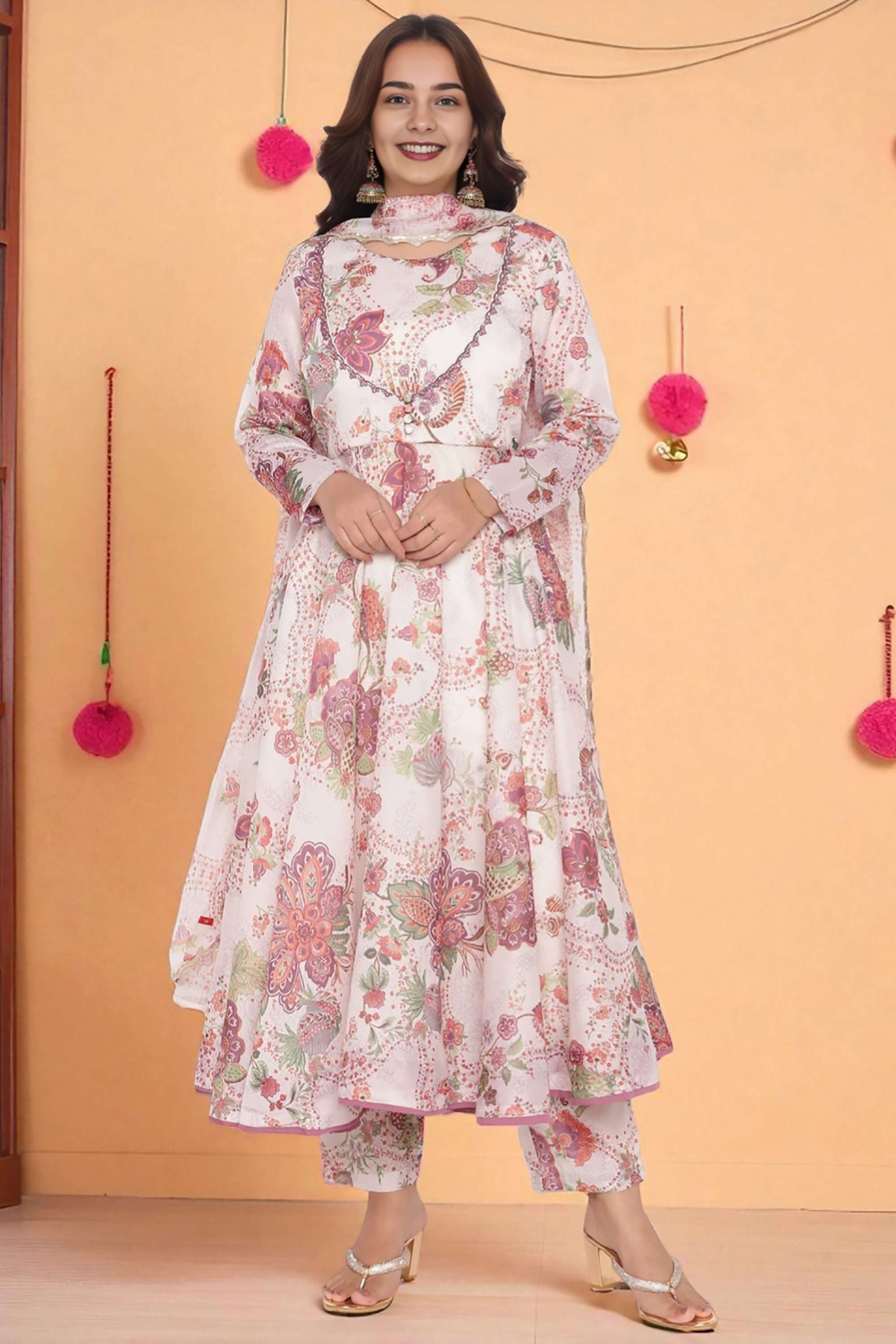Floral-Polyester-Round-Neck-Women-s-Fusion-Wear-Kurta-set