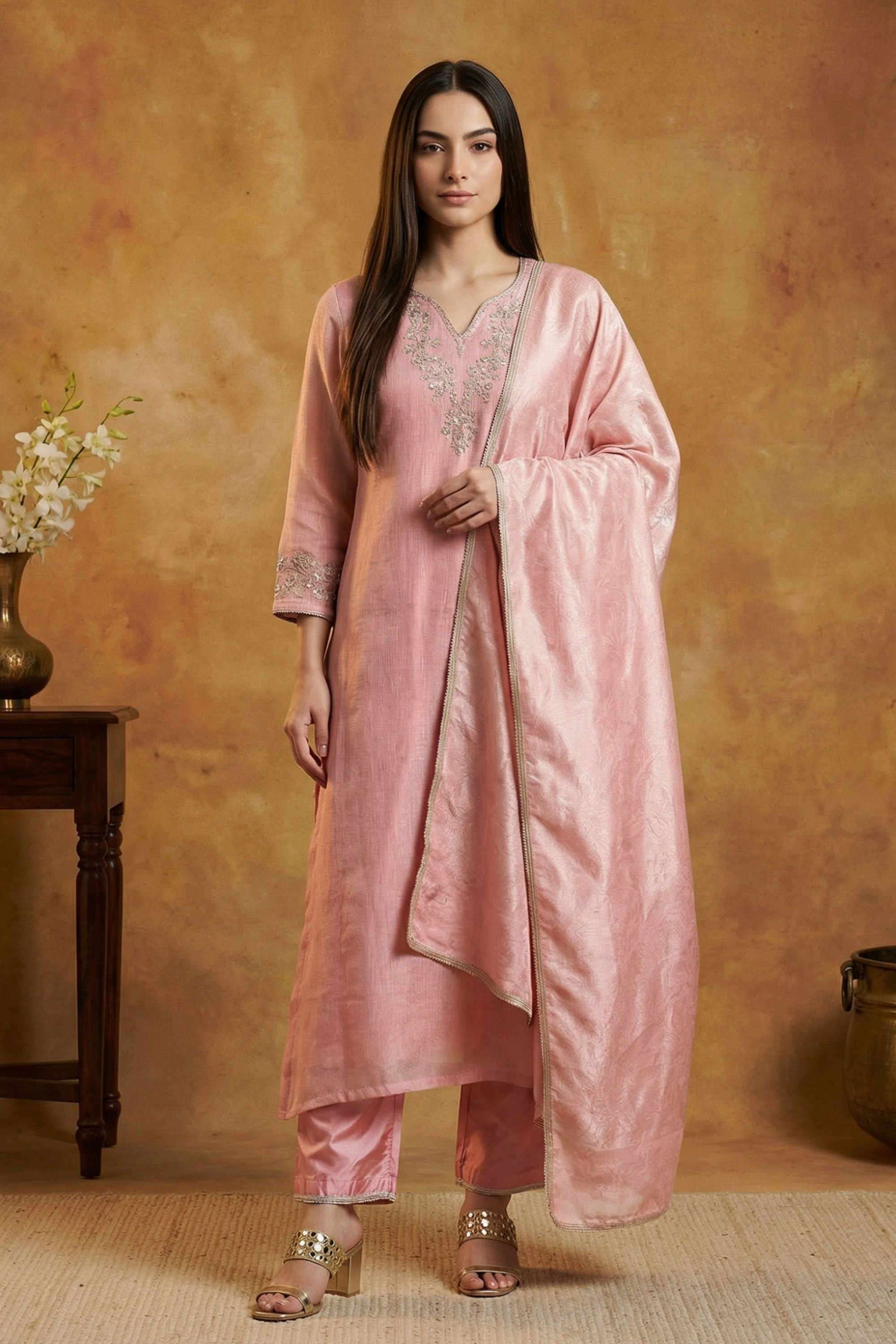 Embroidered-V-Neck-Blended-Fabric-Women-Kurta-Set