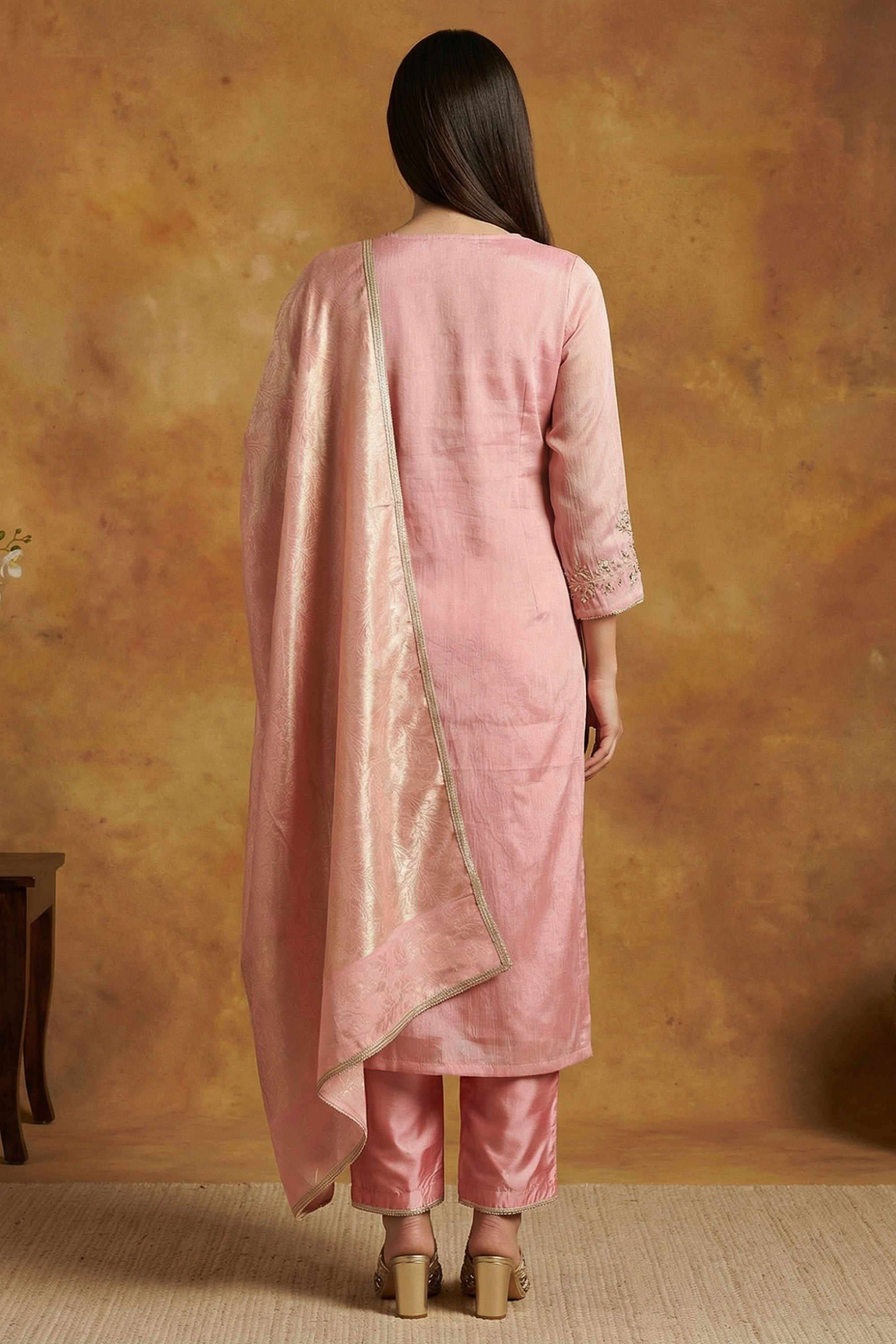 Embroidered-V-Neck-Blended-Fabric-Women-Kurta-Set