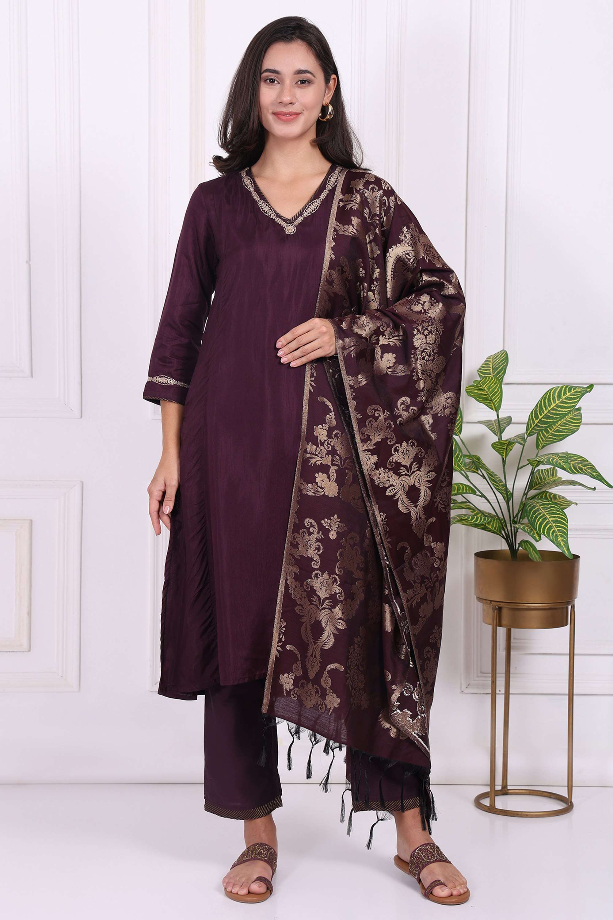 Embroidered-Silk-V-Neck-Women-s-Festive-Wear-Kurta-Set