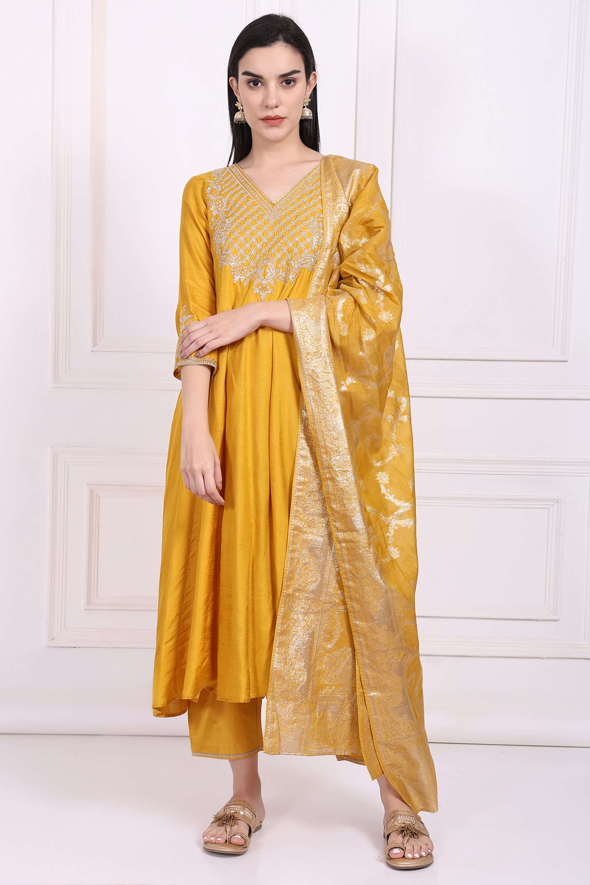 Embroidered-Silk-V-Neck-Women-s-Festive-Wear-Kurta-Set