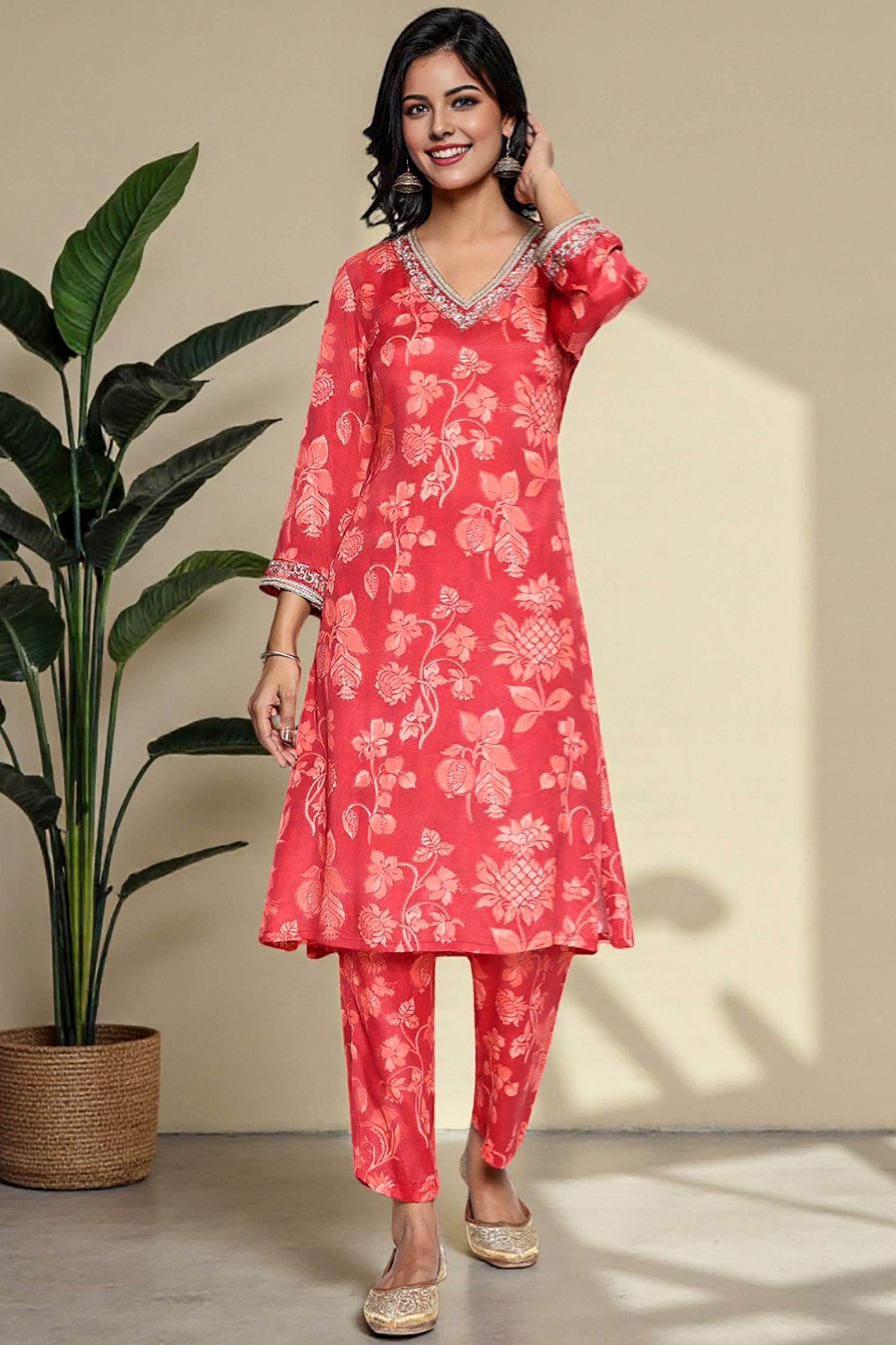 Floral-Viscose-V-Neck-Women-s-Fusion-Wear-Kurta-Set
