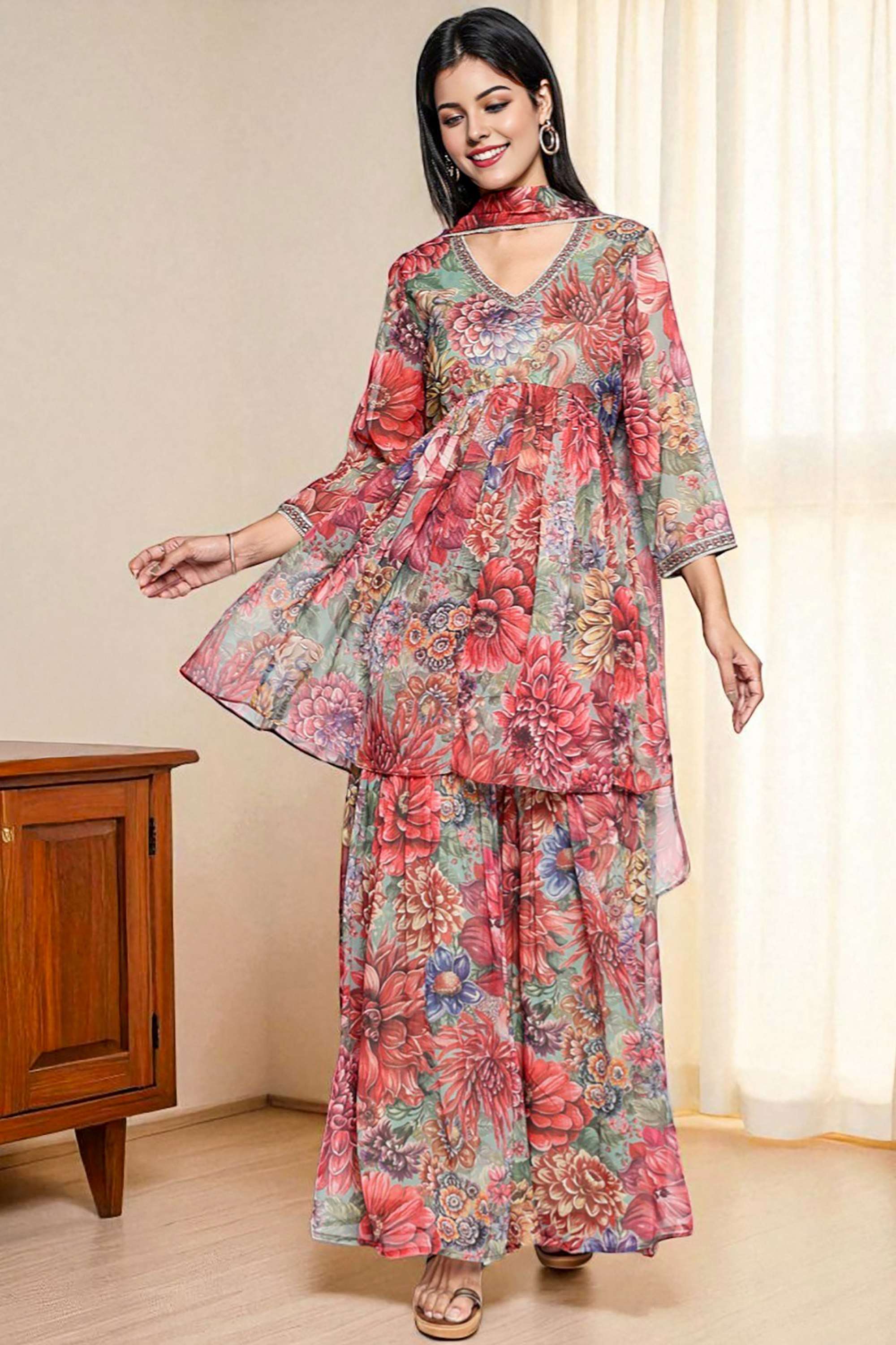 Floral-Polyester-Women-s-Fusion-Wear-Kurta-Set
