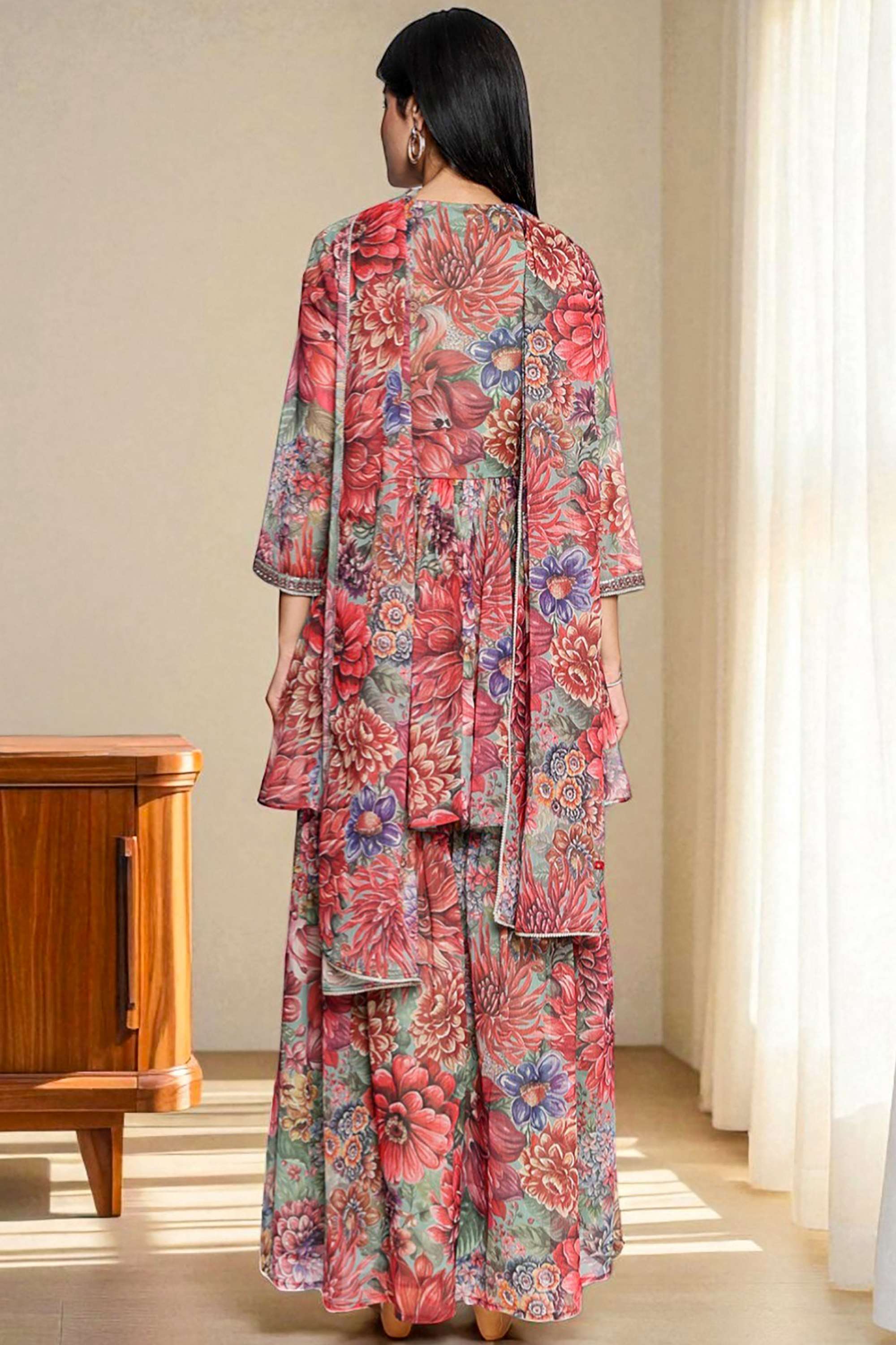 Floral-Polyester-Women-s-Fusion-Wear-Kurta-Set