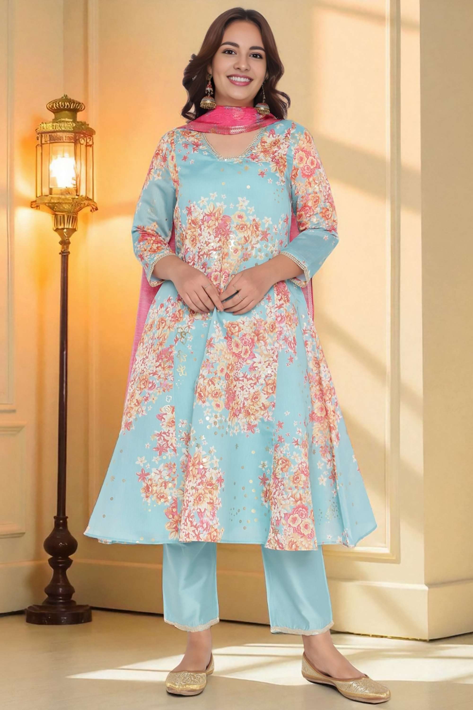 Floral-Polyester-V-Neck-Women-s-Fusion-Wear-Kurta-set