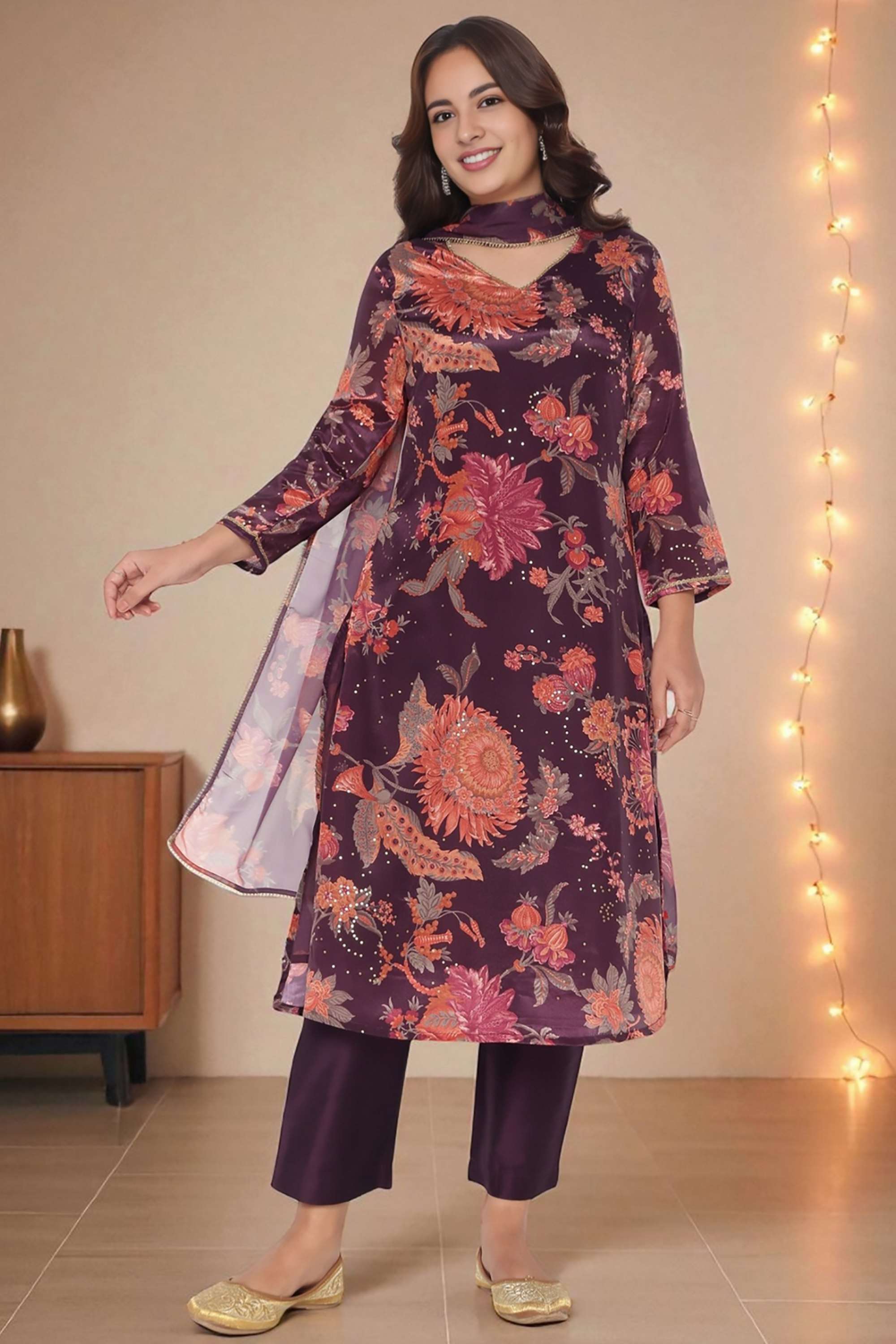 Floral-Polyester-V-Neck-Women-s-Fusion-Wear-Kurta-set