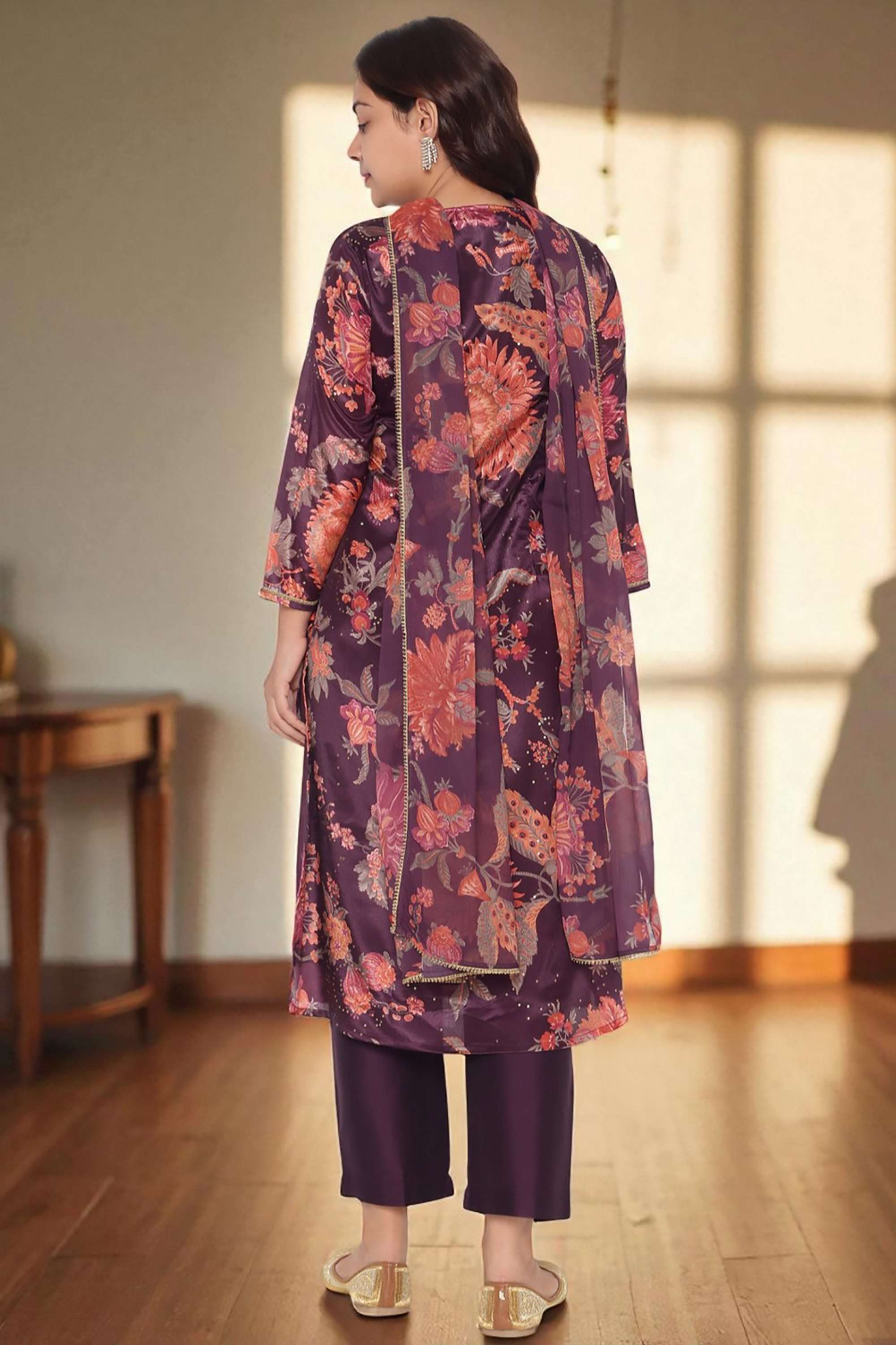 Floral-Polyester-V-Neck-Women-s-Fusion-Wear-Kurta-set