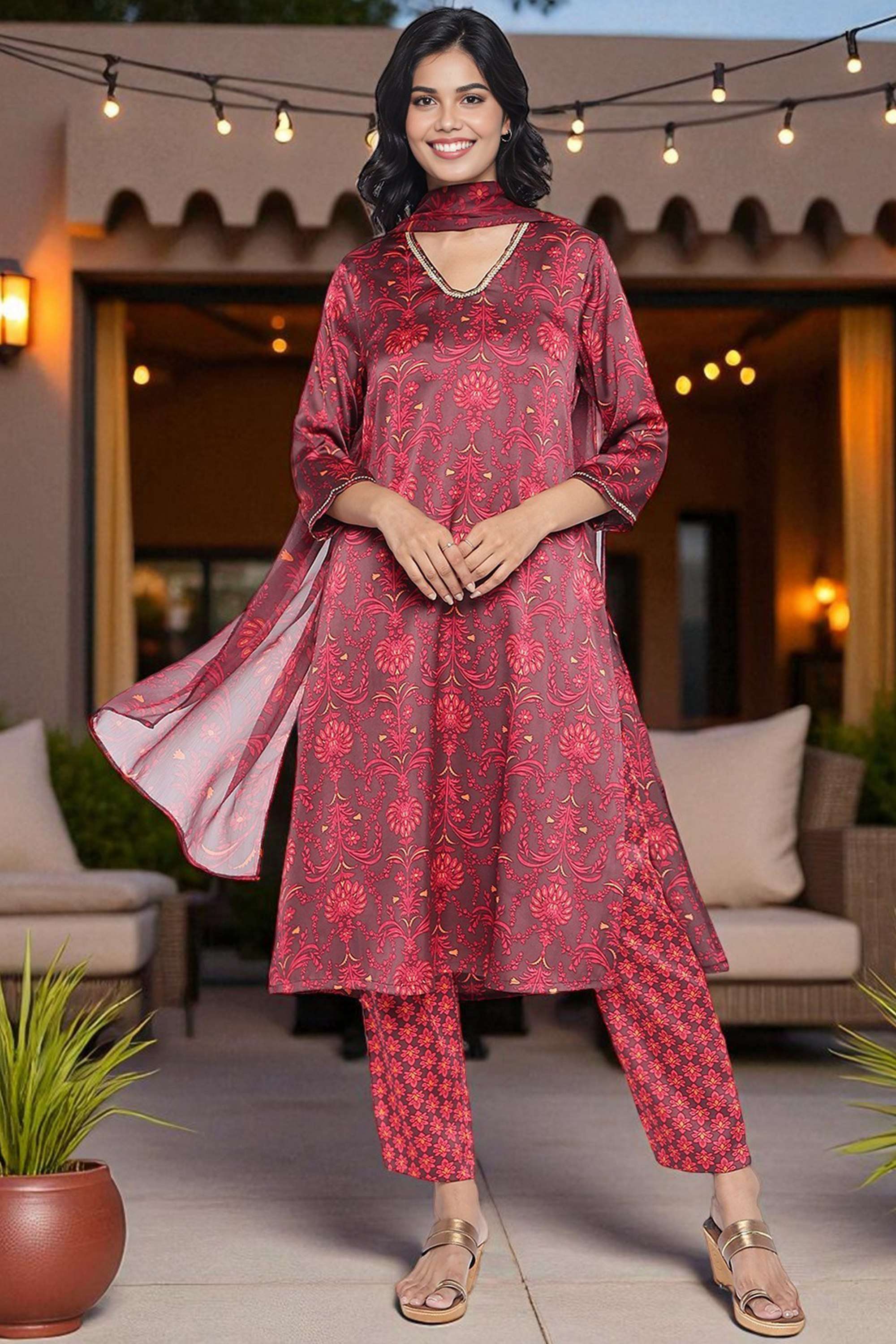 Floral-Satin-V-Neck-Women-s-Fusion-Wear-Kurta-set