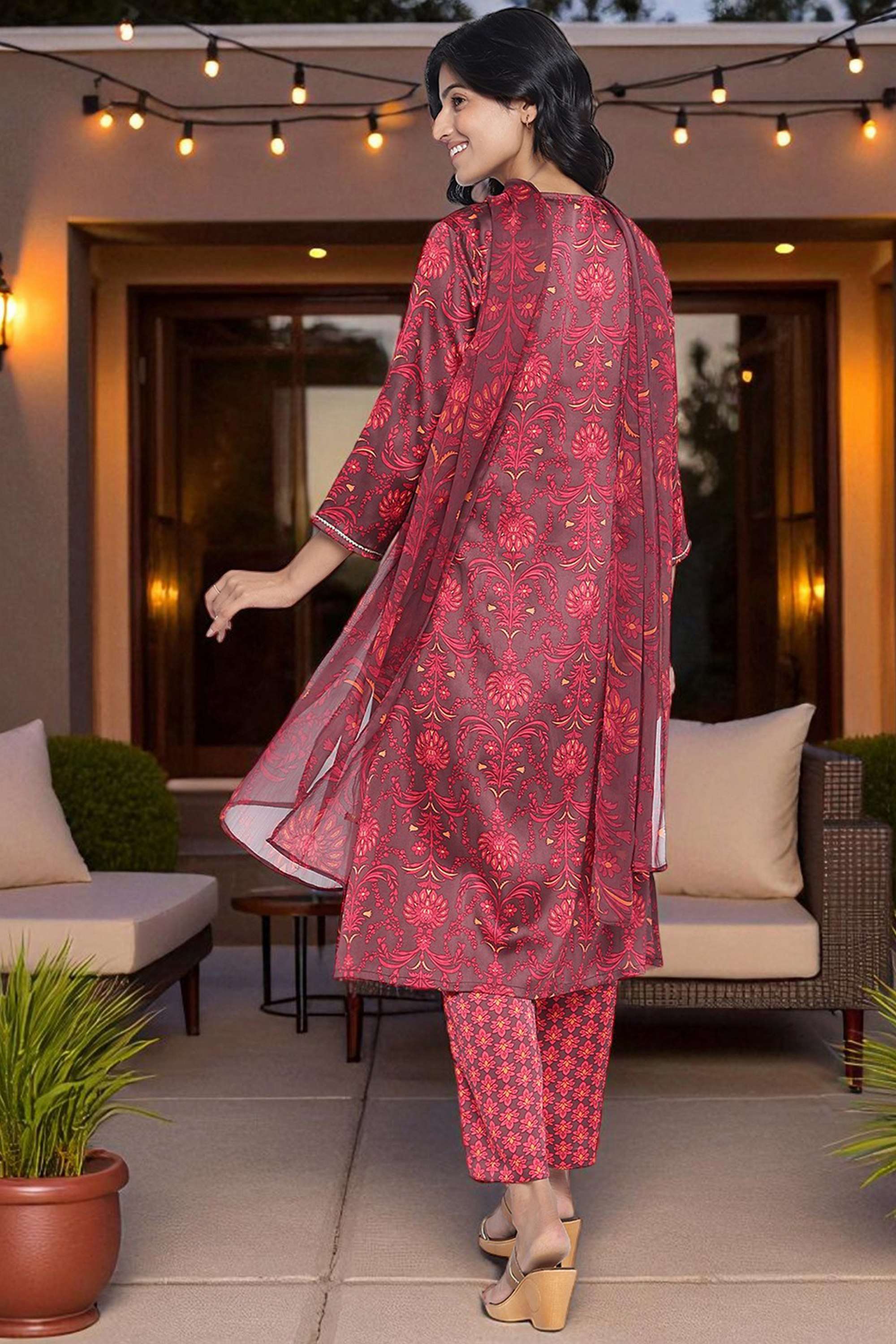 Floral-Satin-V-Neck-Women-s-Fusion-Wear-Kurta-set