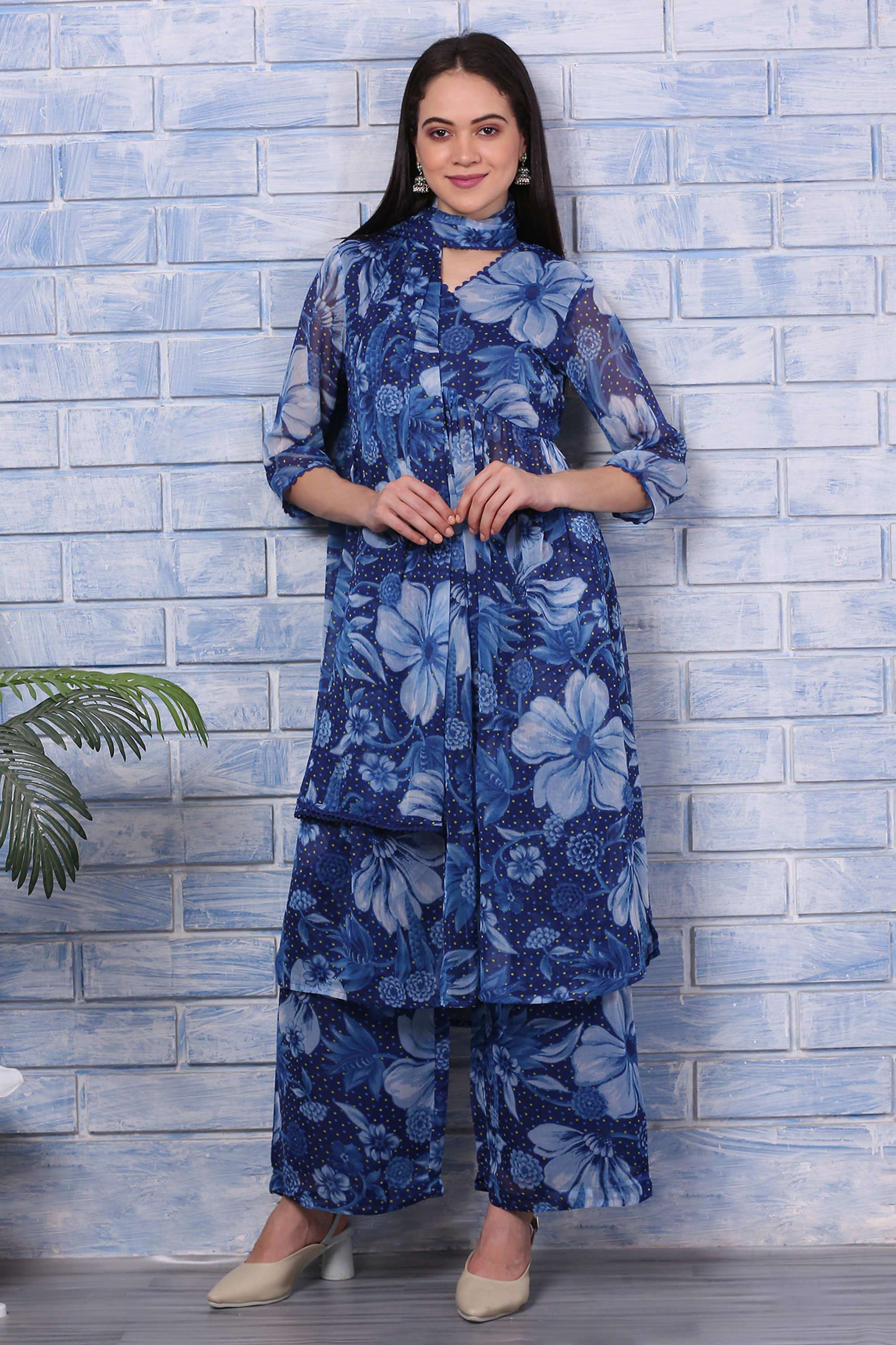 Floral-Calf-Length-Poly-Chiffon-Woven-Women-s-Kurta-Set