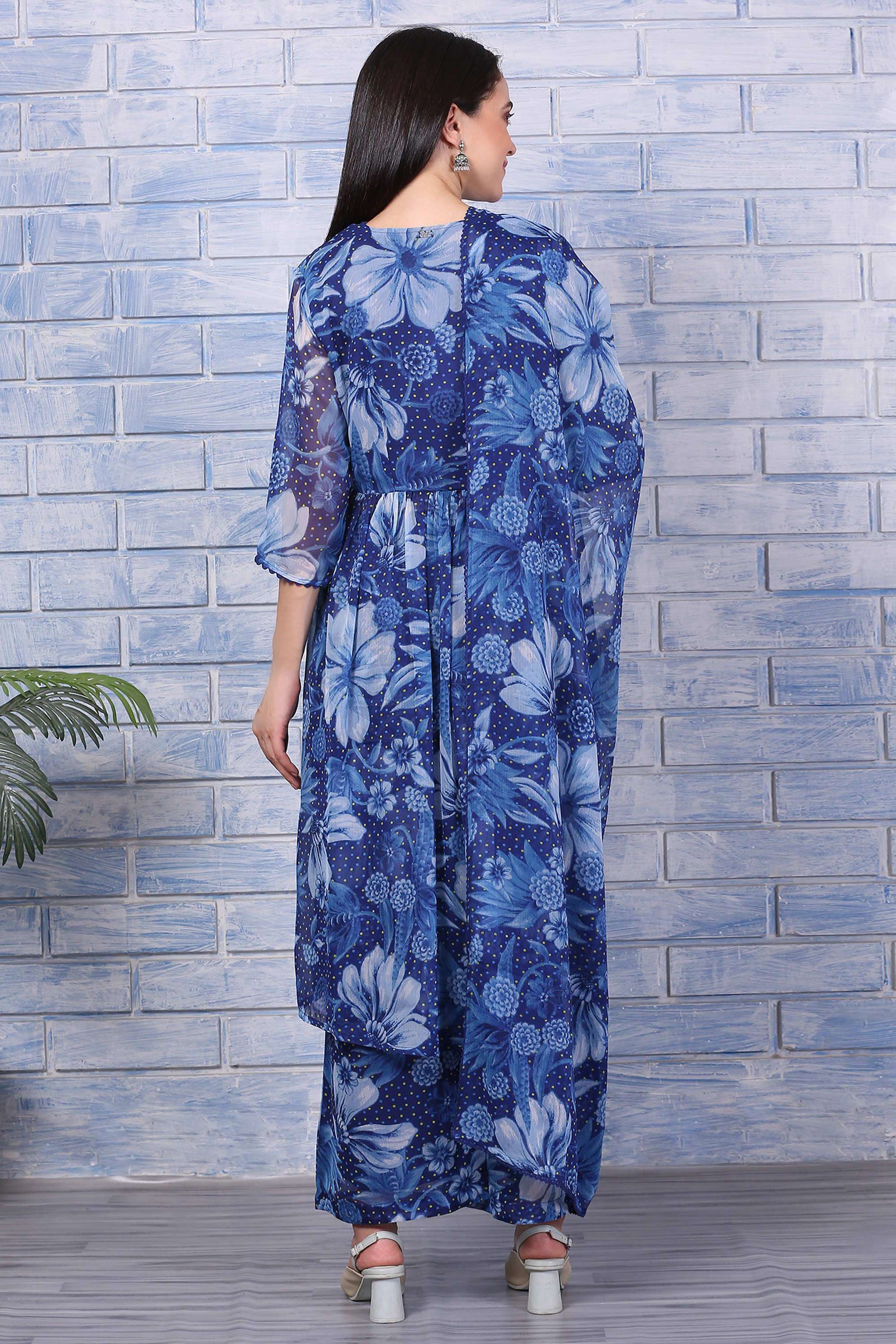 Floral-Calf-Length-Poly-Chiffon-Woven-Women-s-Kurta-Set