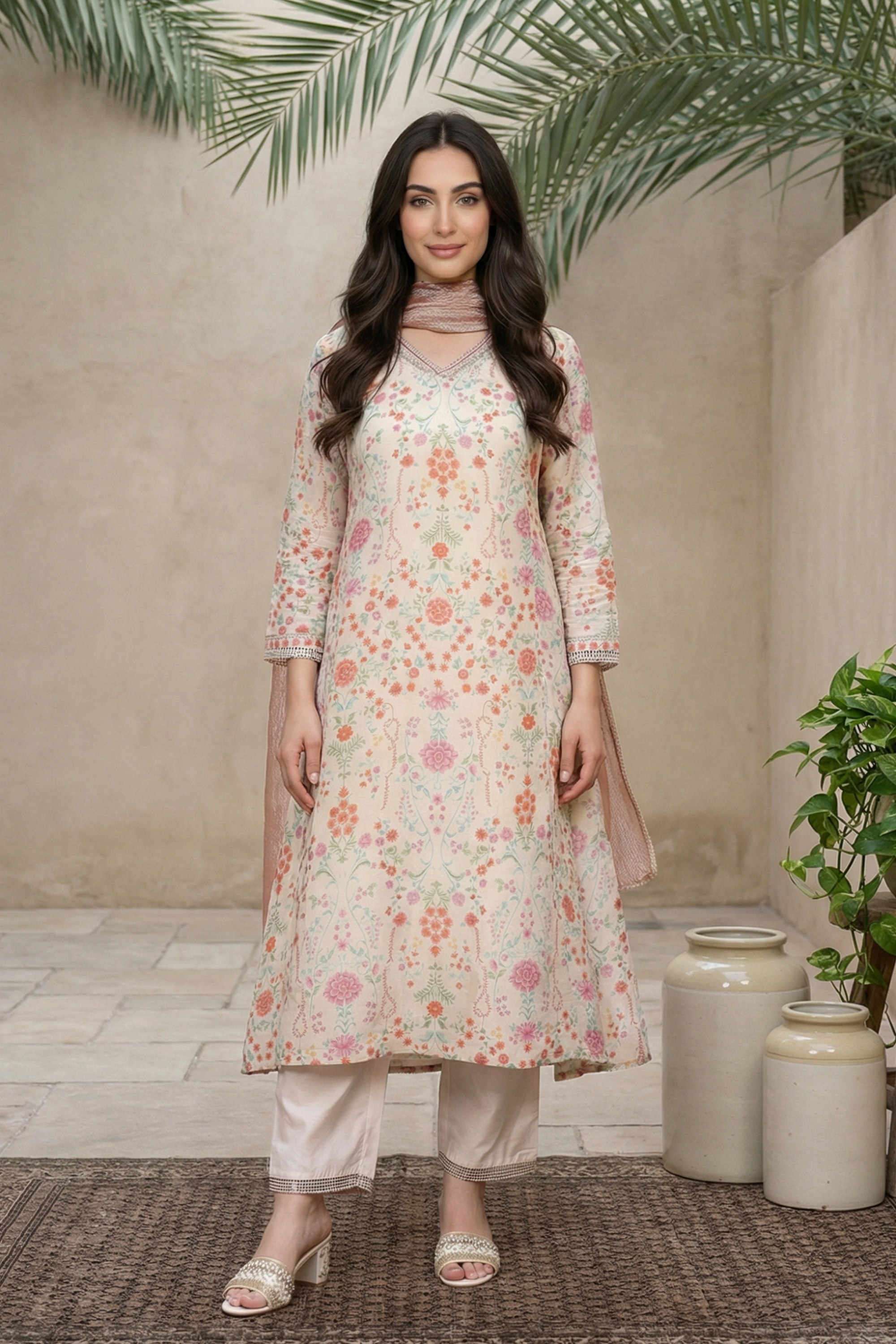 Printed-V-Neck-Blended-Fabric-Women-Kurta-Set