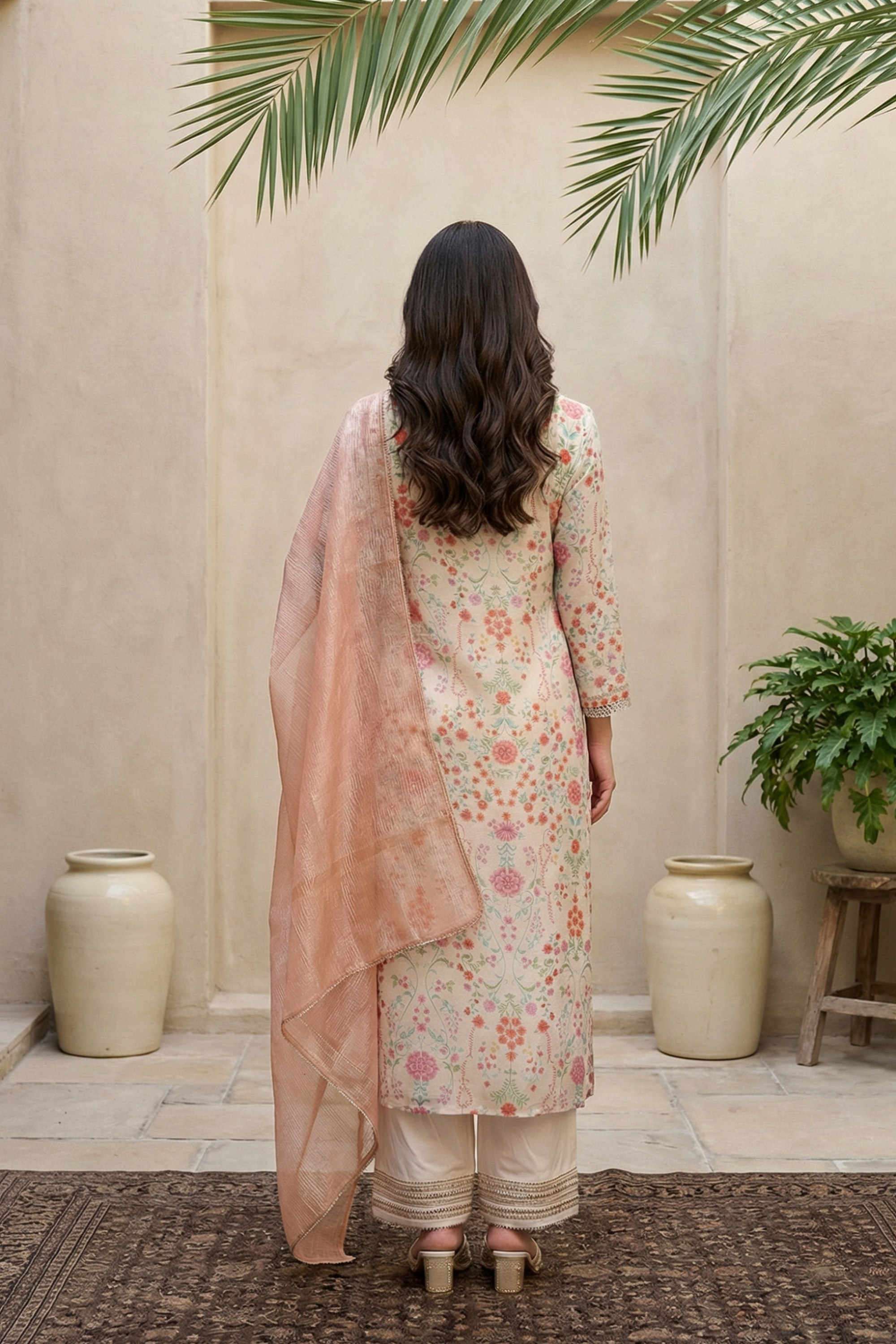 Printed-V-Neck-Blended-Fabric-Women-Kurta-Set