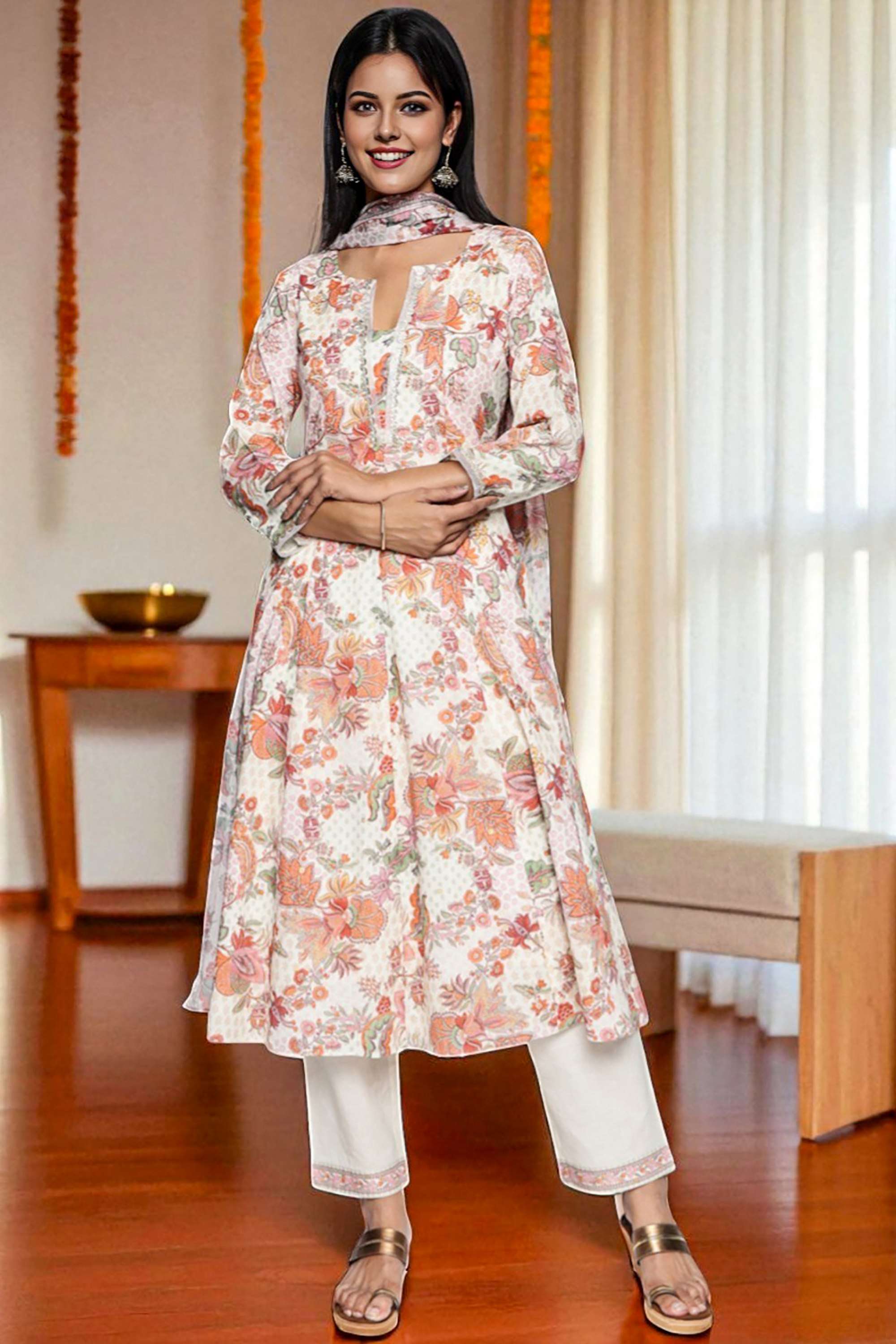 Floral-Pure-Cotton-V-Neck-Women-s-Fusion-Wear-Kurta-set
