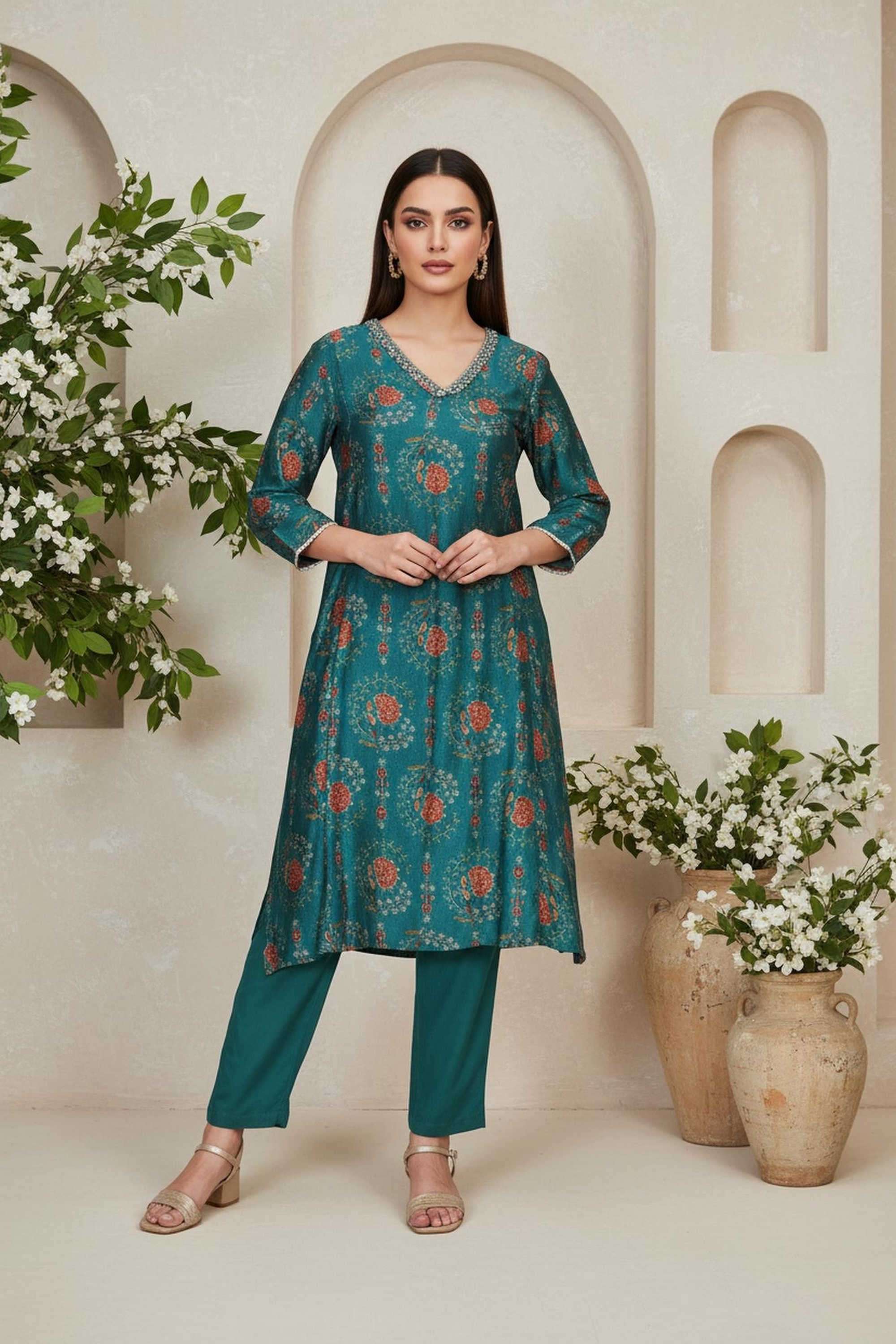 Embellished-Blended-Fabric-Women-s-Festive-Wear-Kurta-Set