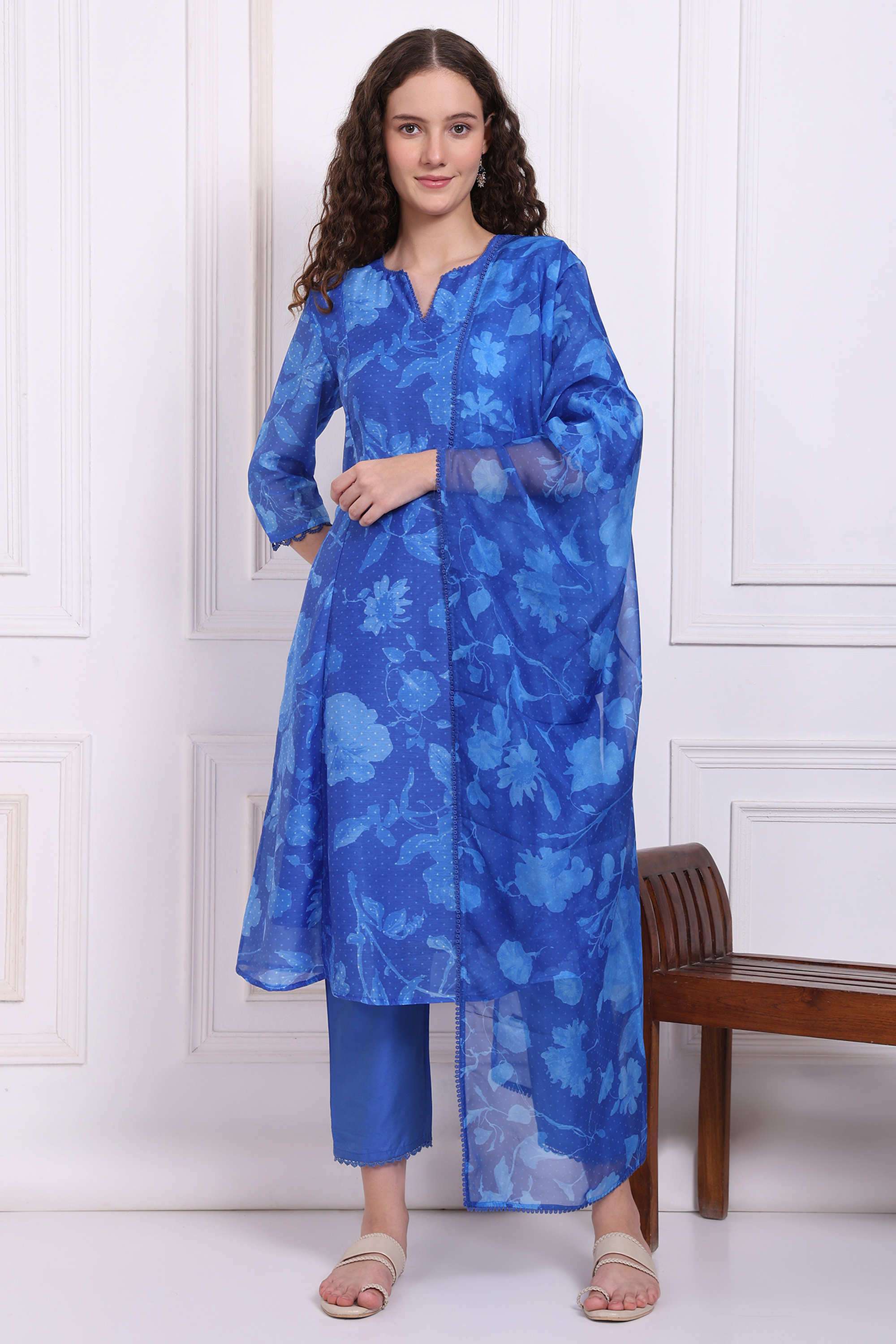 Floral-Calf-Length-Polyester-Woven-Women-s-Kurta-Set