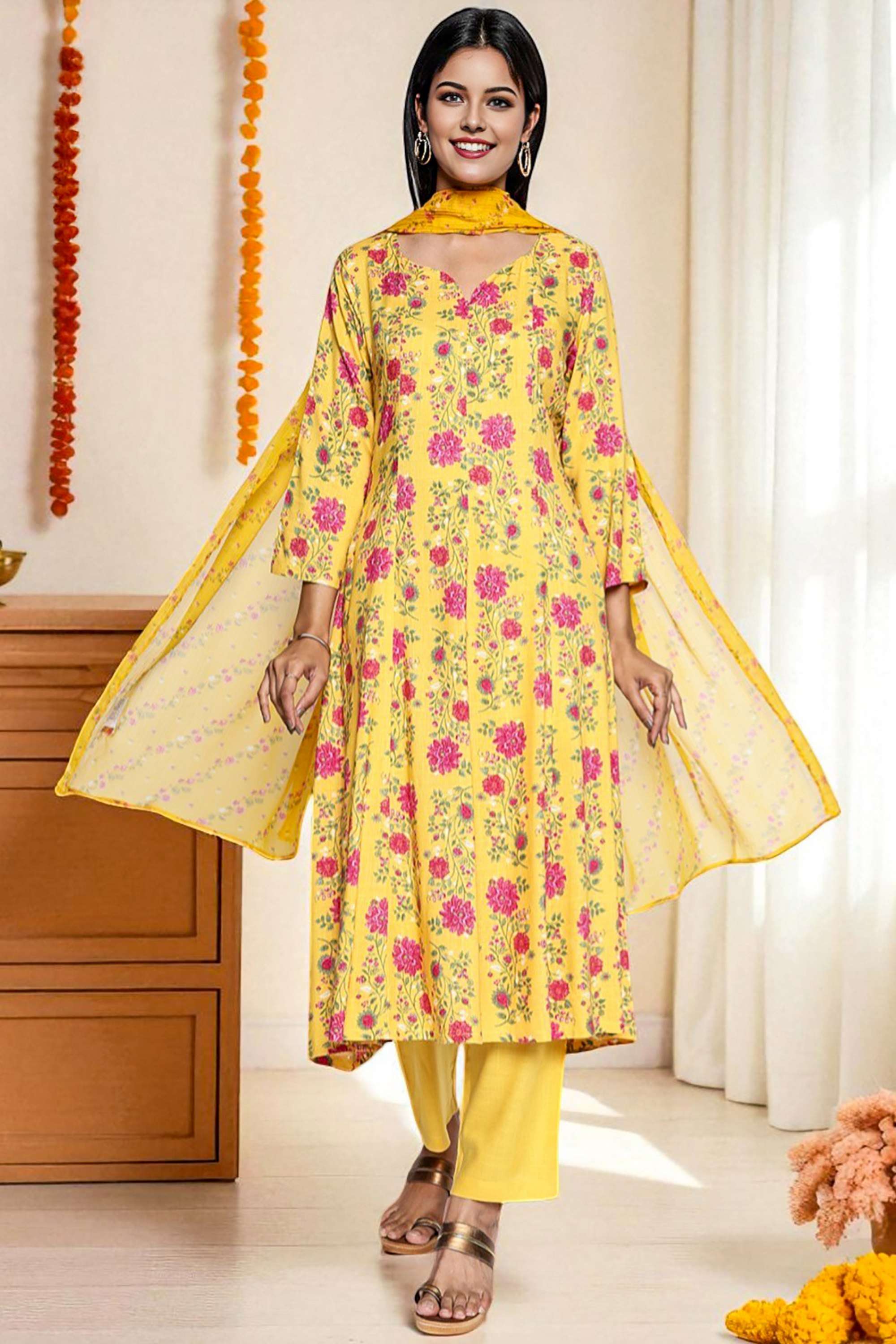 Floral-Viscose-Round-Neck-Women-s-Fusion-Wear-Kurta-set