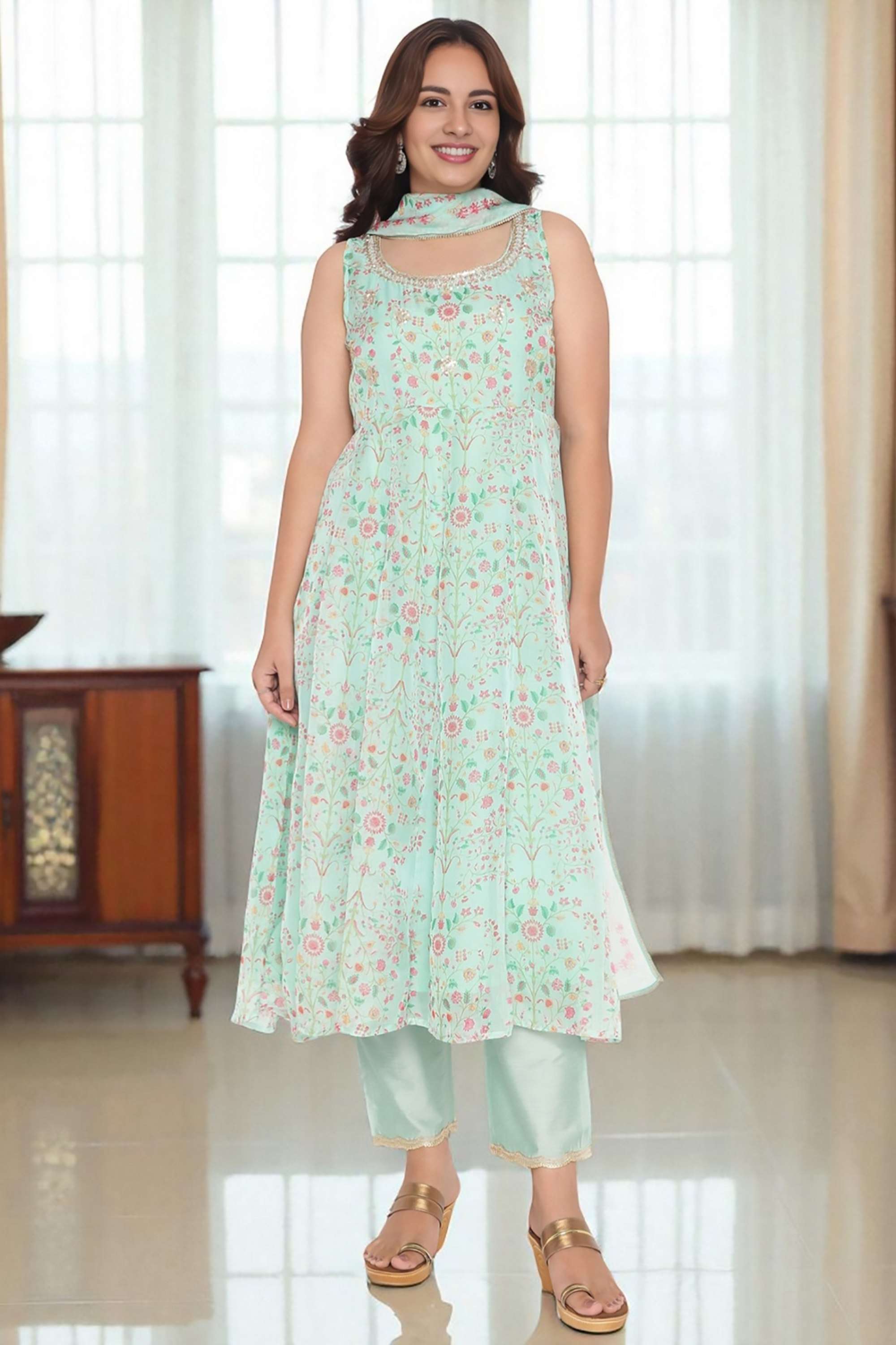 Floral-Organza-Round-Neck-Women-s-Fusion-Wear-Kurta-set