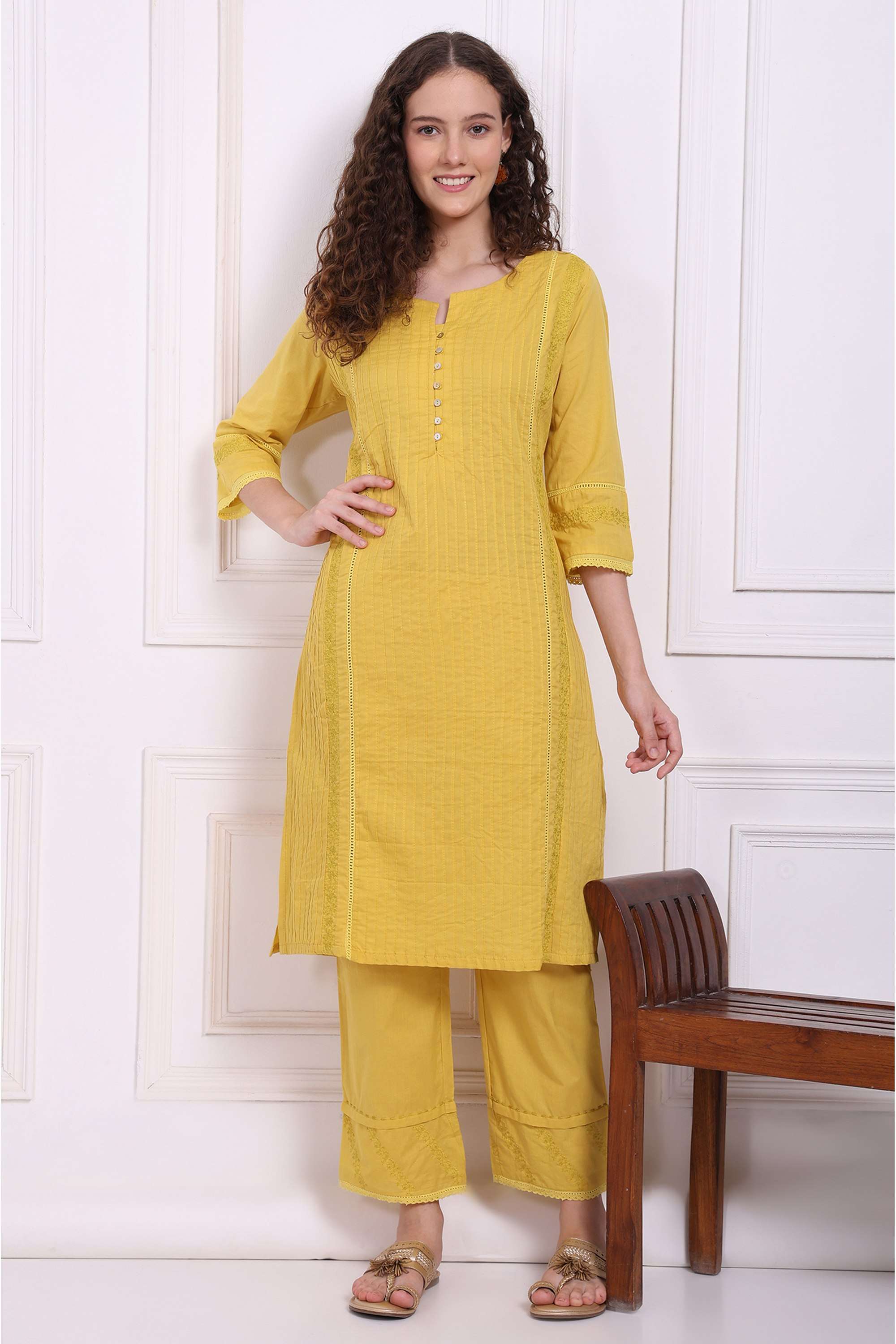Embroidered-Cotton-Round-Neck-Women-s-Fusion-Wear-Kurta-Set