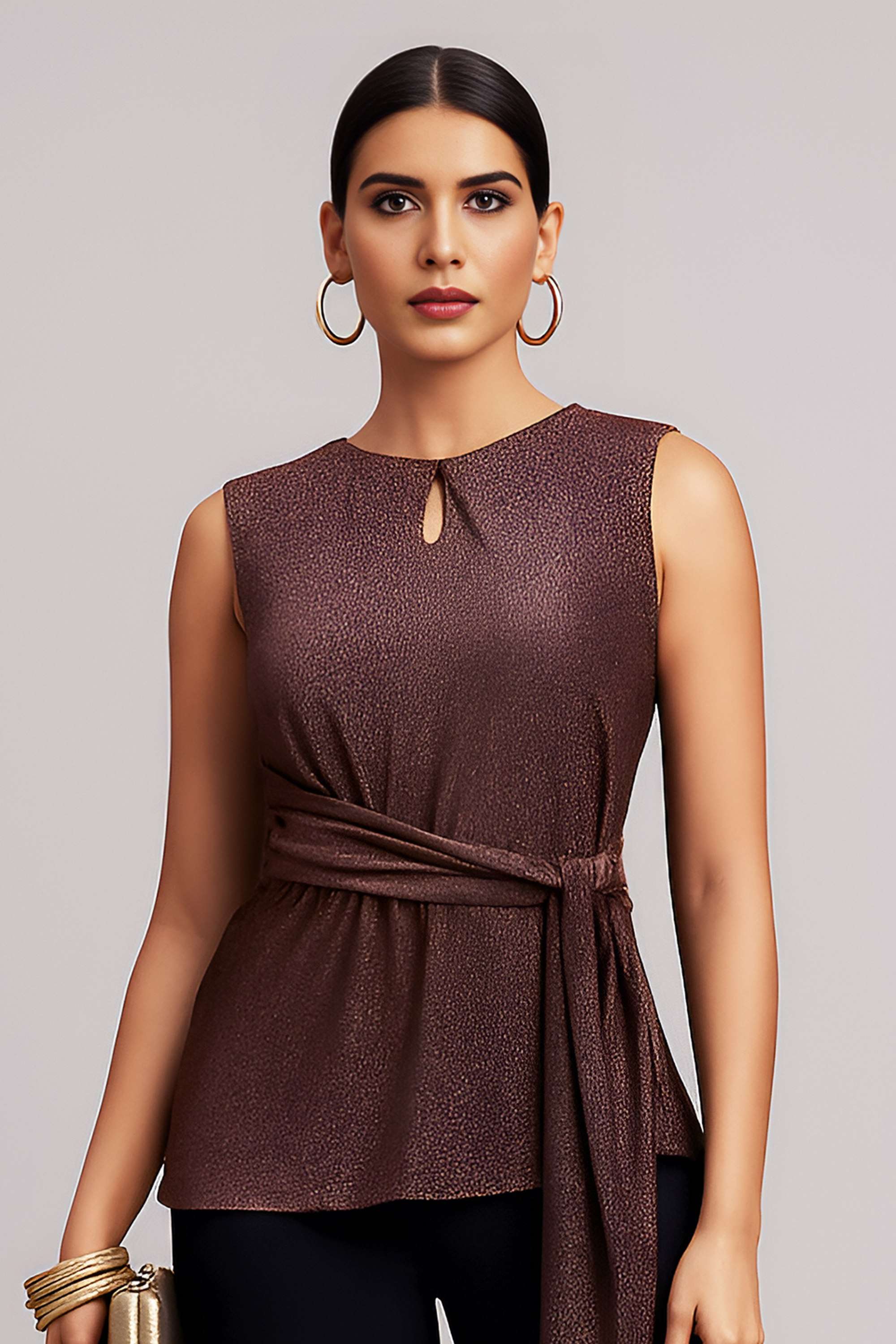 Solid-Polyester-Round-Neck-Women-Top
