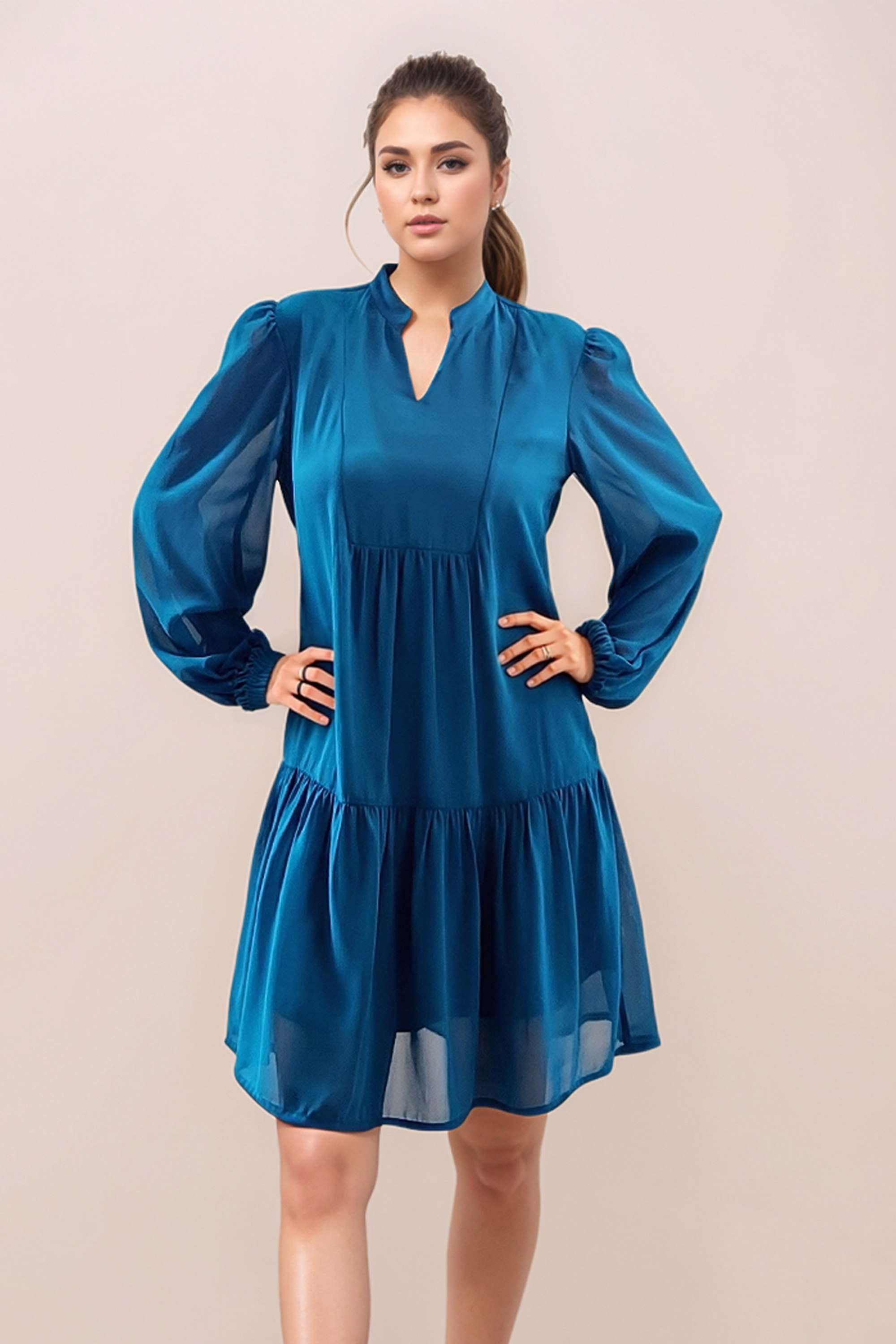 Solid-V-Neck-Polyester-Women-s-3/4-Sleeves-Short-Dress