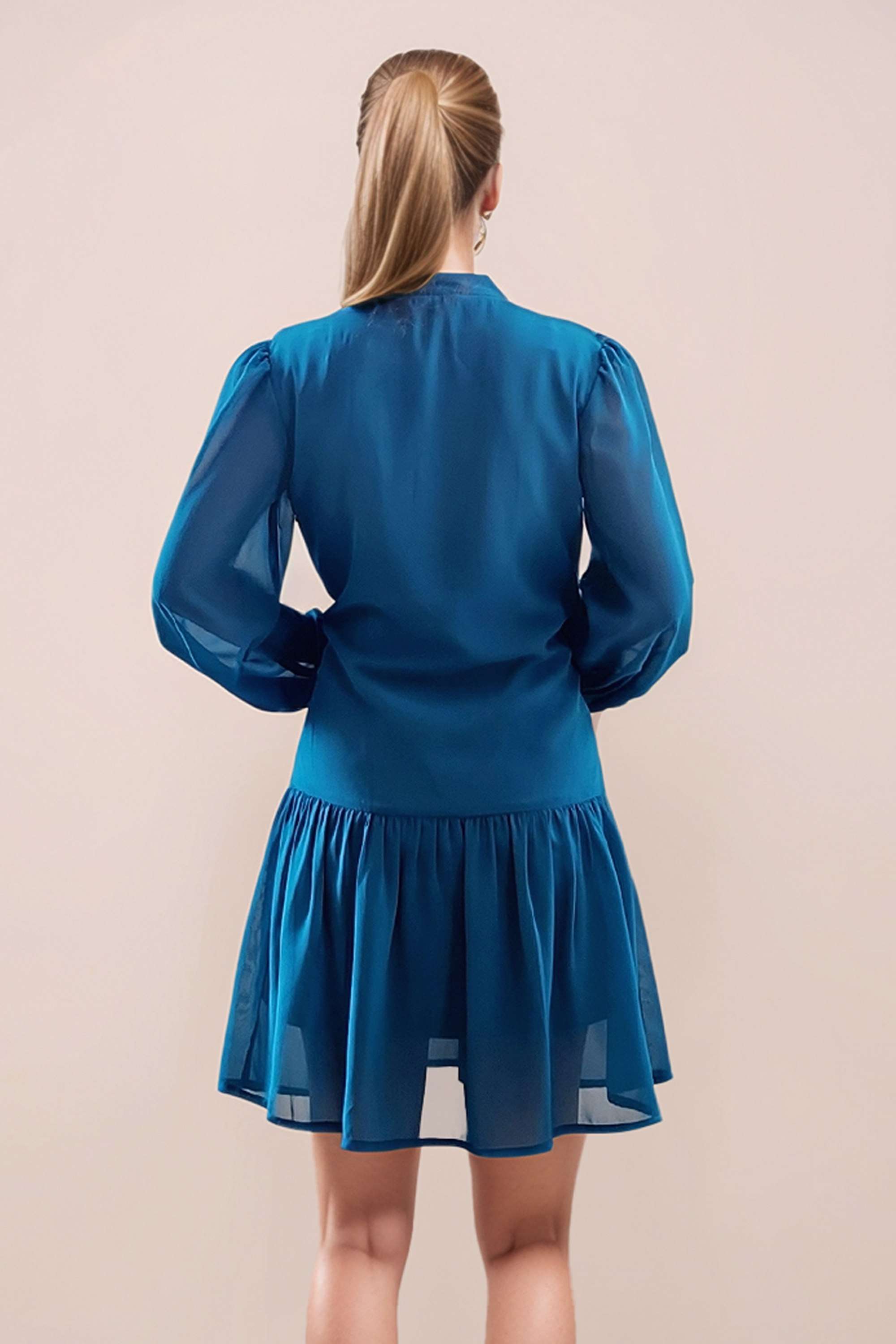 Solid-V-Neck-Polyester-Women-s-3/4-Sleeves-Short-Dress