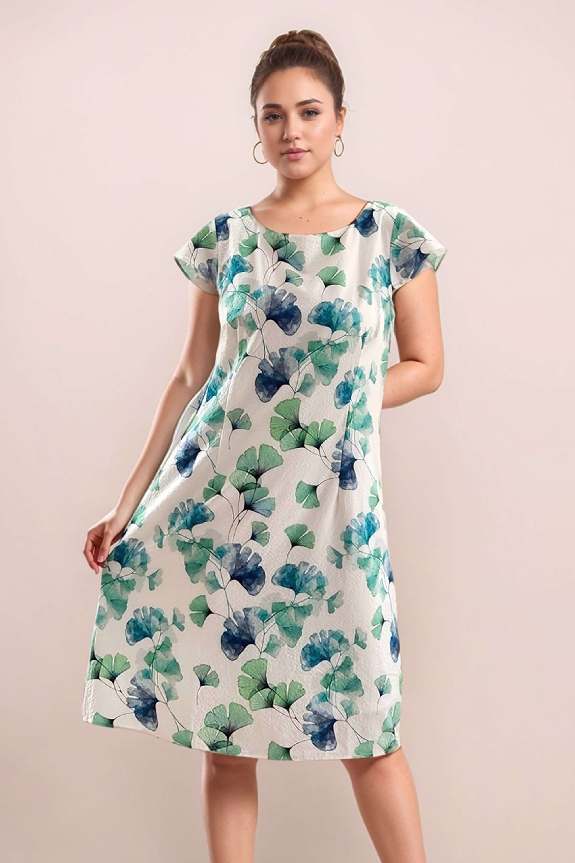 Printed-Boat-Neck-Polyester-Women-s-Short-Sleeves-Short-Dress