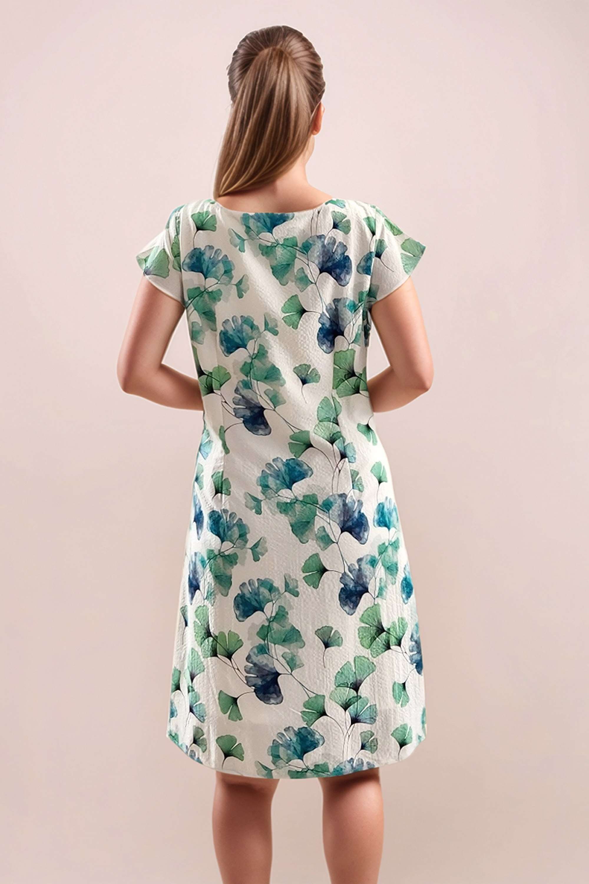 Printed-Boat-Neck-Polyester-Women-s-Short-Sleeves-Short-Dress