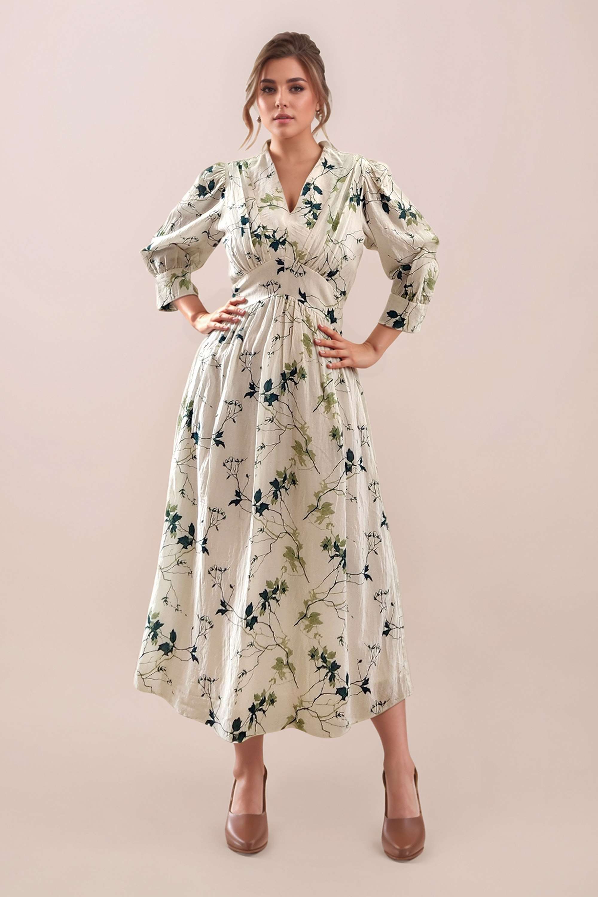 Printed-V-Neck-Cotton-Women-s-3/4-Sleeves-Midi-Dress