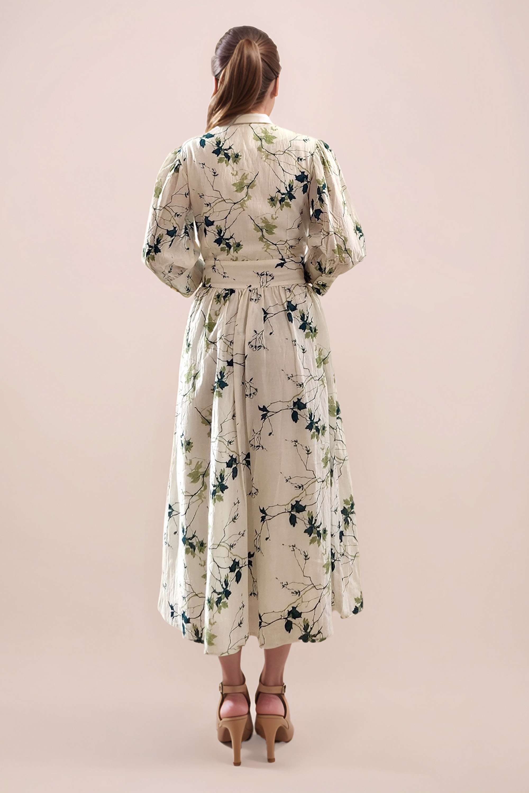 Printed-V-Neck-Cotton-Women-s-3/4-Sleeves-Midi-Dress