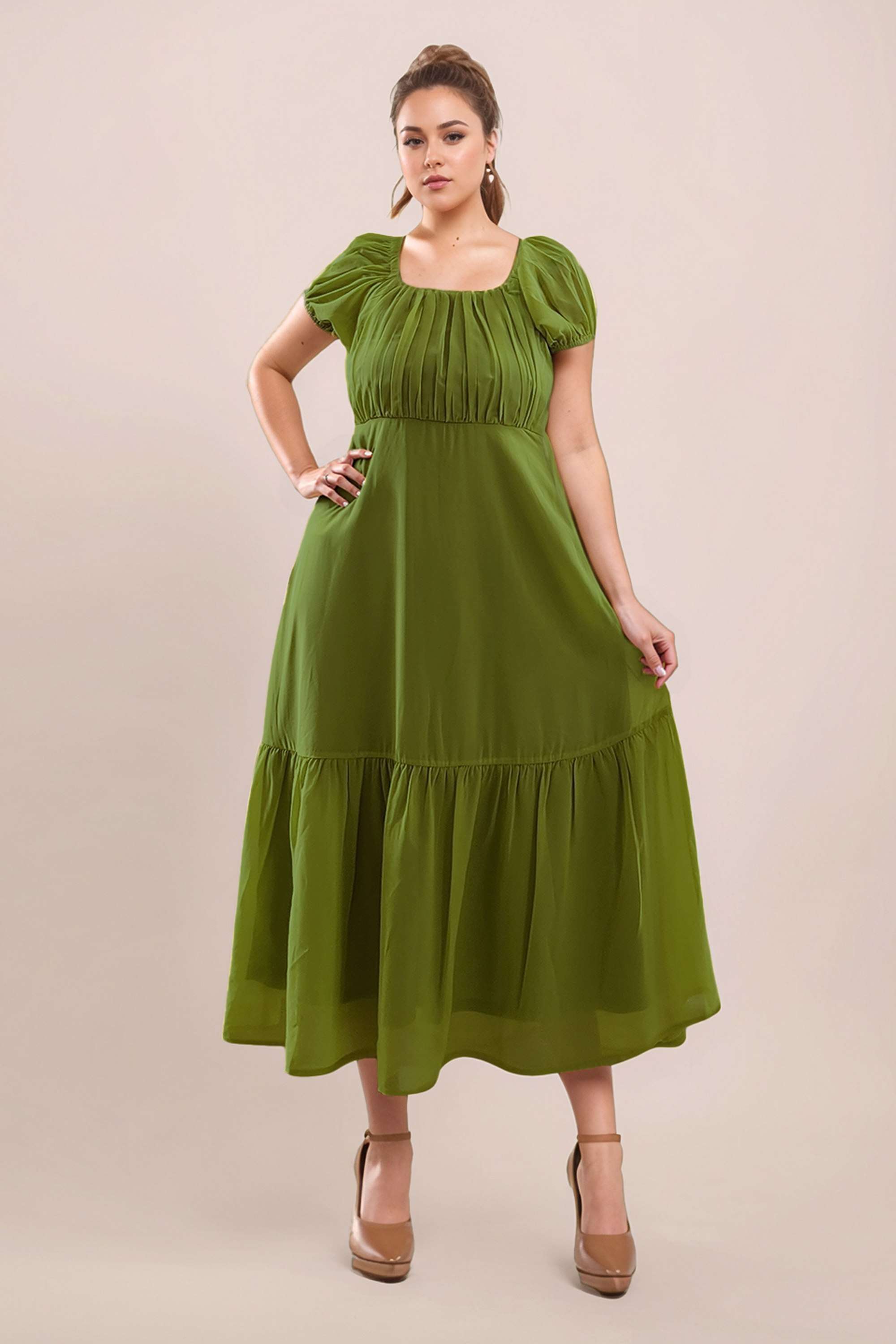 Solid-Square-Neck-Polyester-Women-s-Half-Sleeves-Midi-Dress