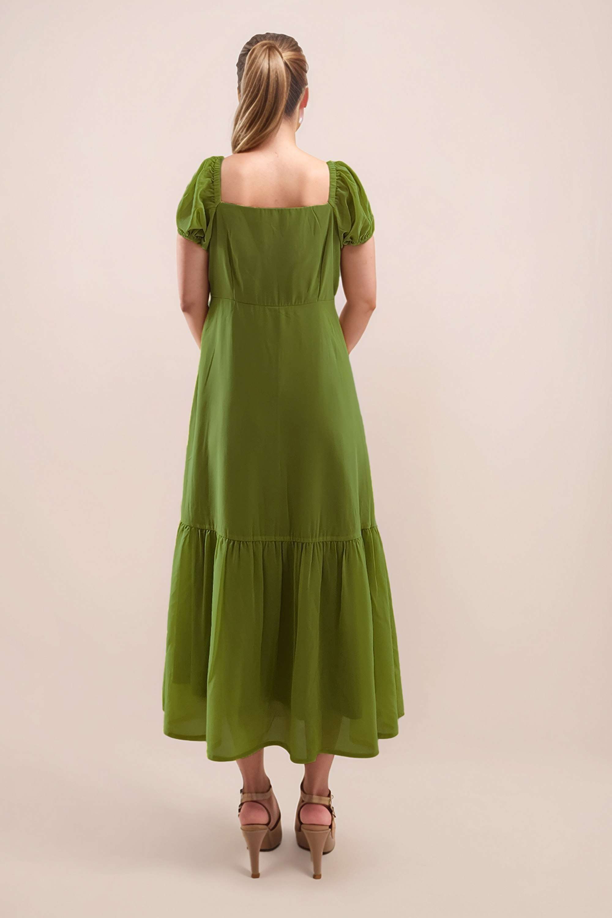 Solid-Square-Neck-Polyester-Women-s-Half-Sleeves-Midi-Dress