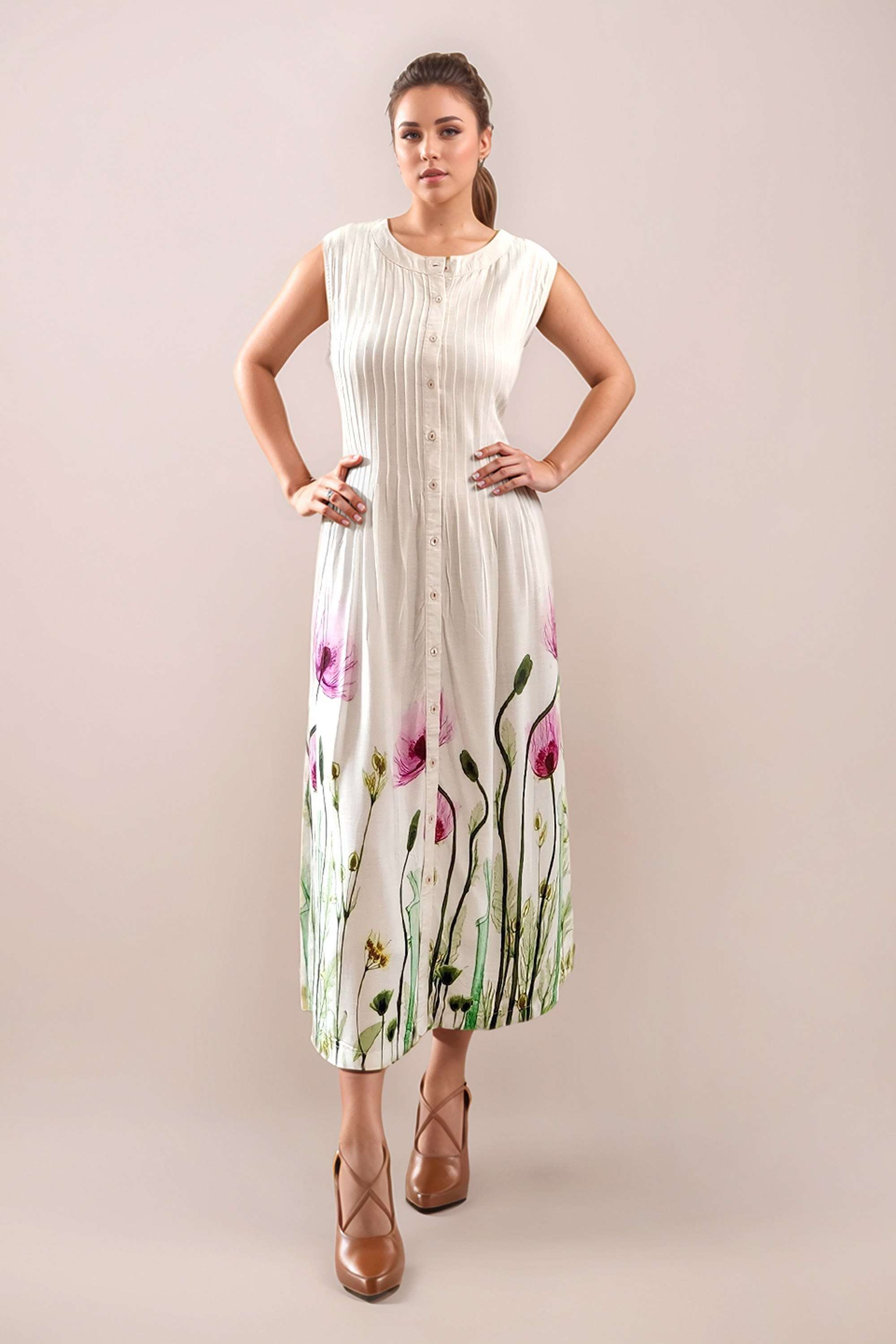 Printed-Round-Neck-Rayon-Women-s-Sleeveless-Midi-Dress