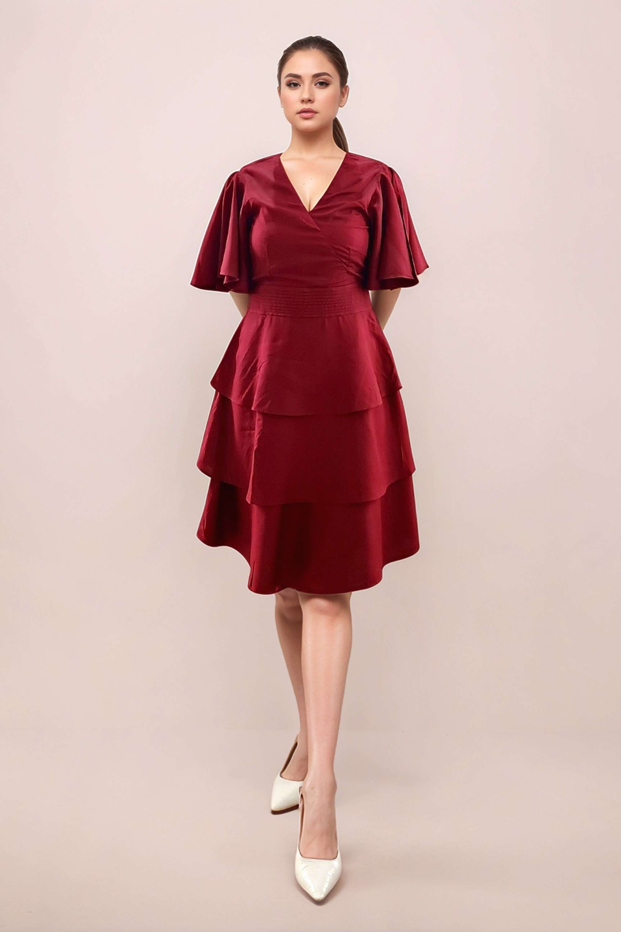 Textured-V-Neck-Rayon-Women-s-Knee-Length-Dress