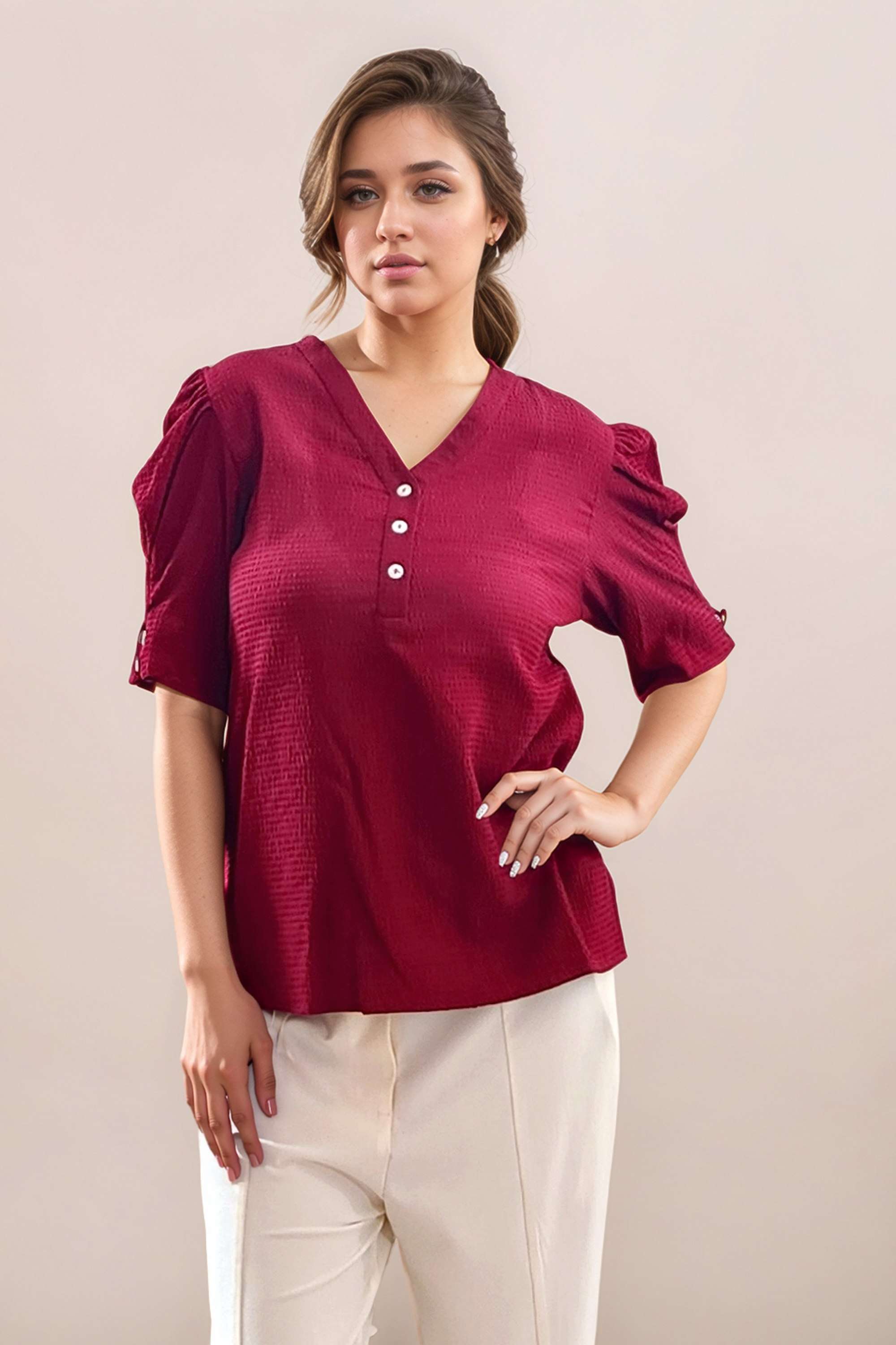 Textured-Cotton-Blend-V-Neck-Women-Top
