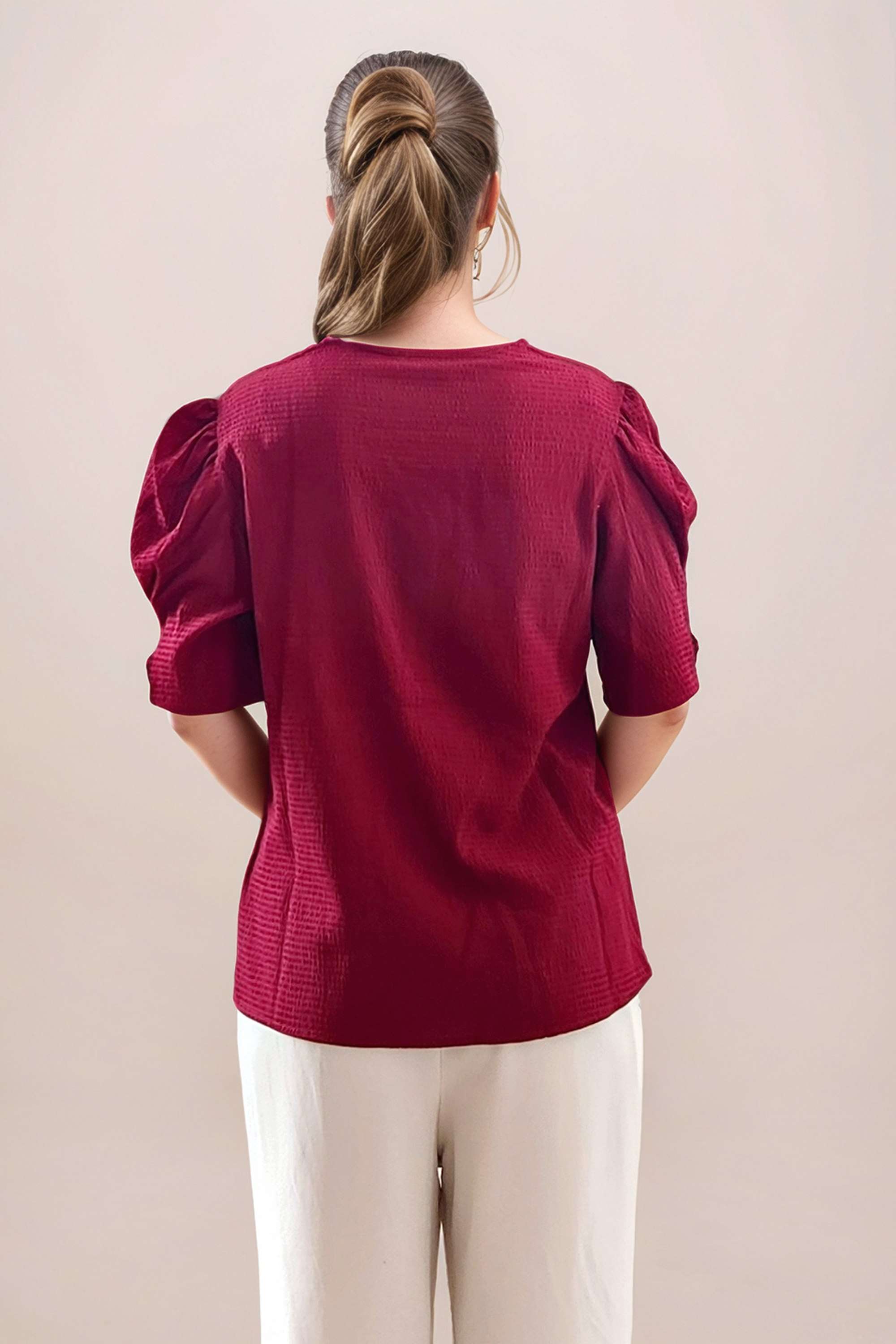 Textured-Cotton-Blend-V-Neck-Women-Top