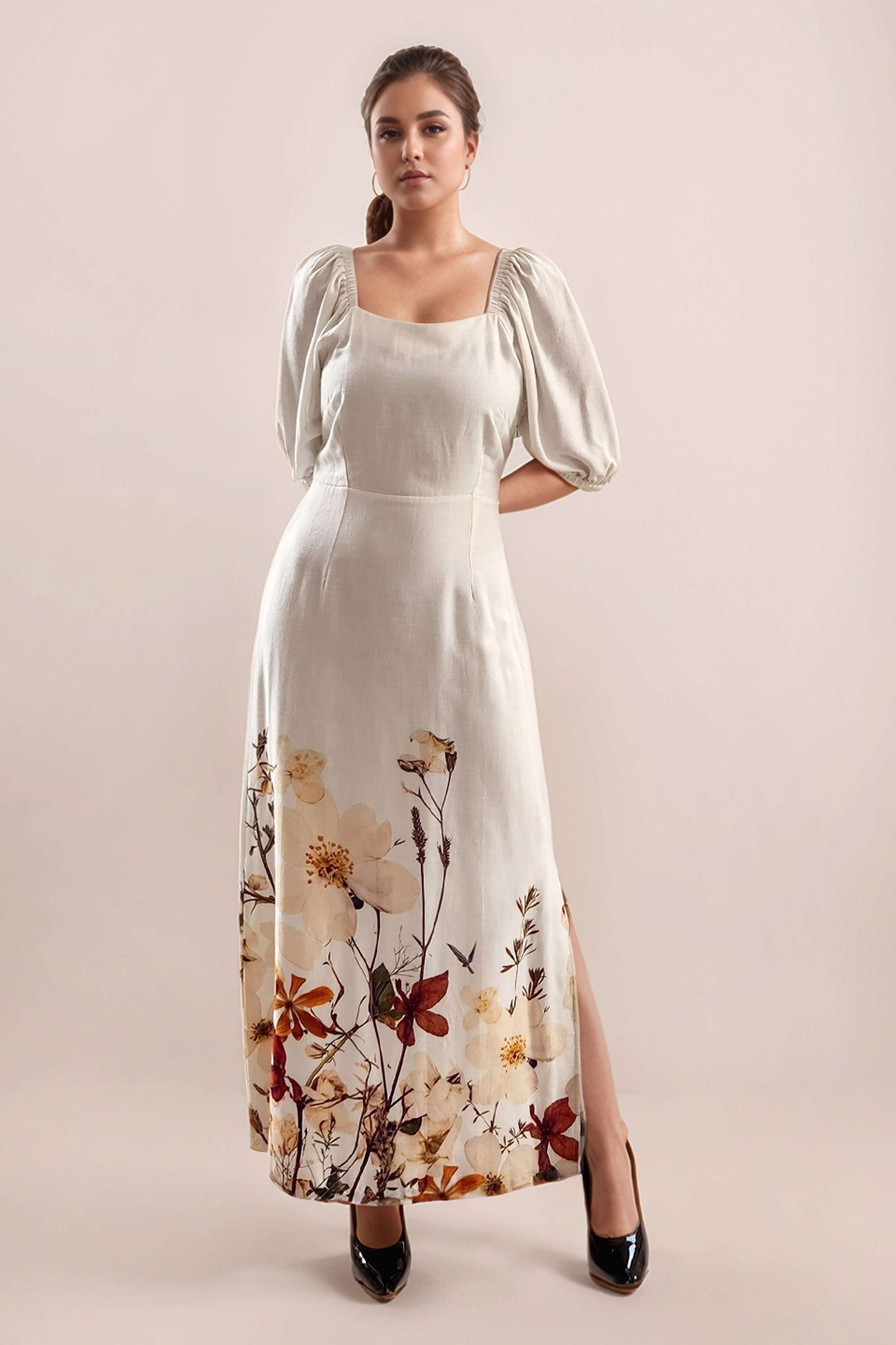 Printed-Square-Neck-Rayon-Women-s-Half-Sleeves-Midi-Dress