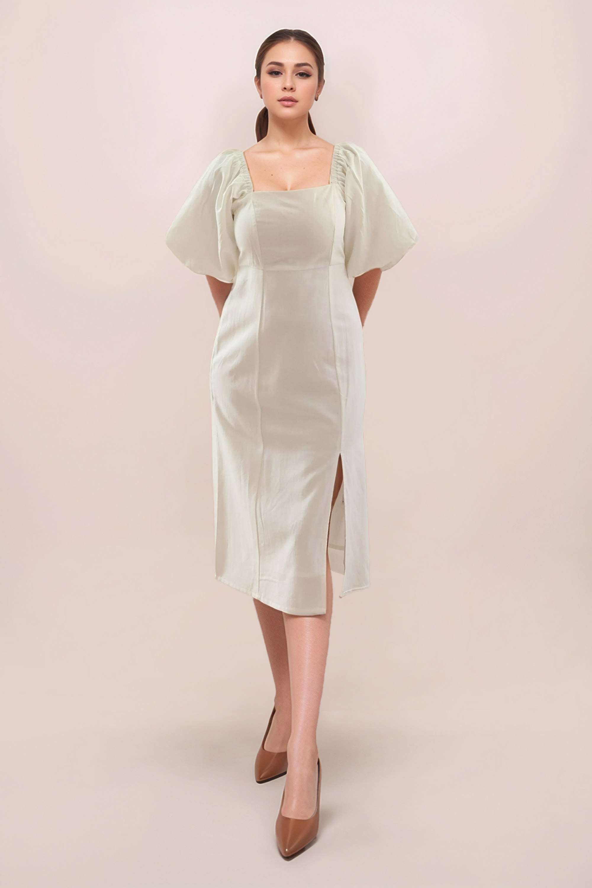 Solid-Square-Neck-Rayon-Women-s-Full-Sleeves-Midi-Dress