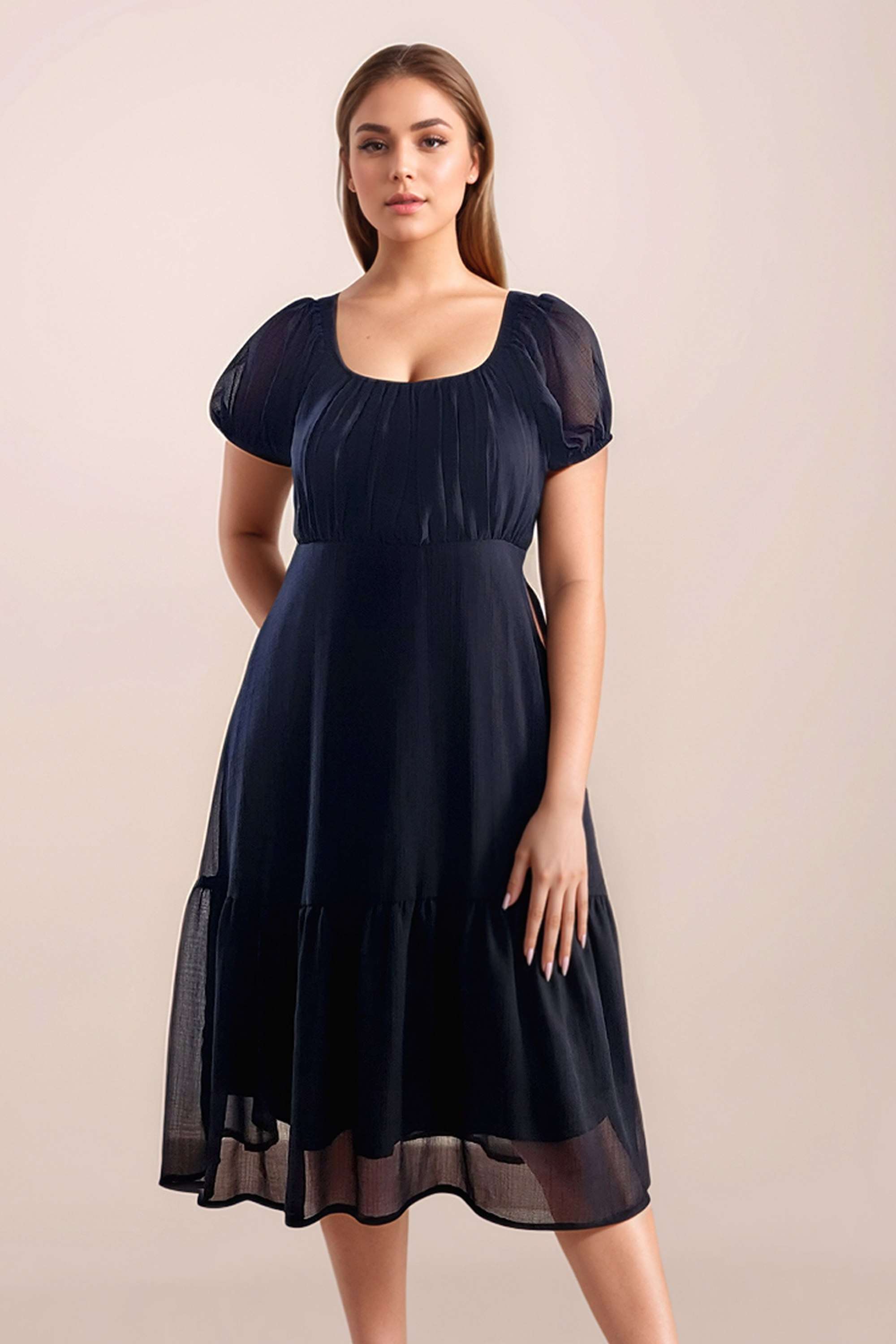 Solid-Square-Neck-Polyester-Women-Dress