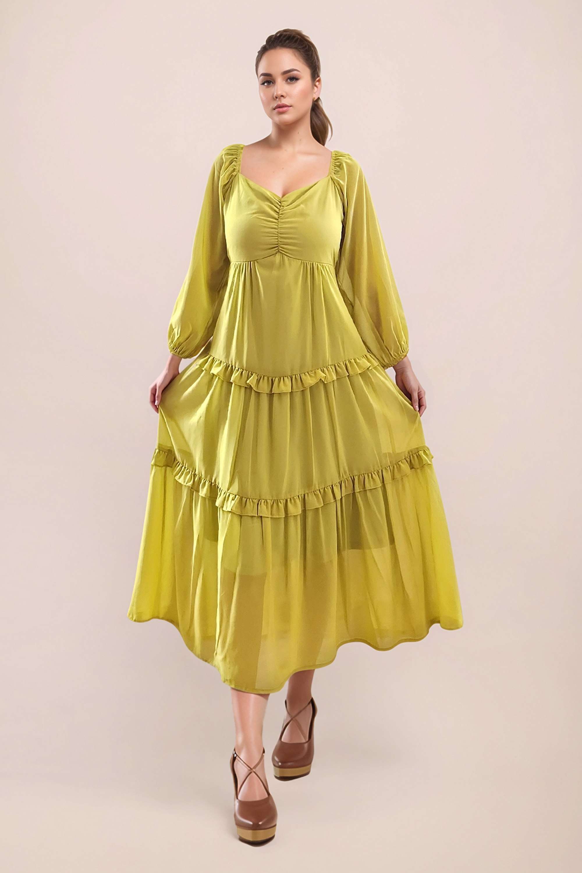 Solid-V-Neck-Polyester-Women-s-Full-Sleeves-Maxi-Dress