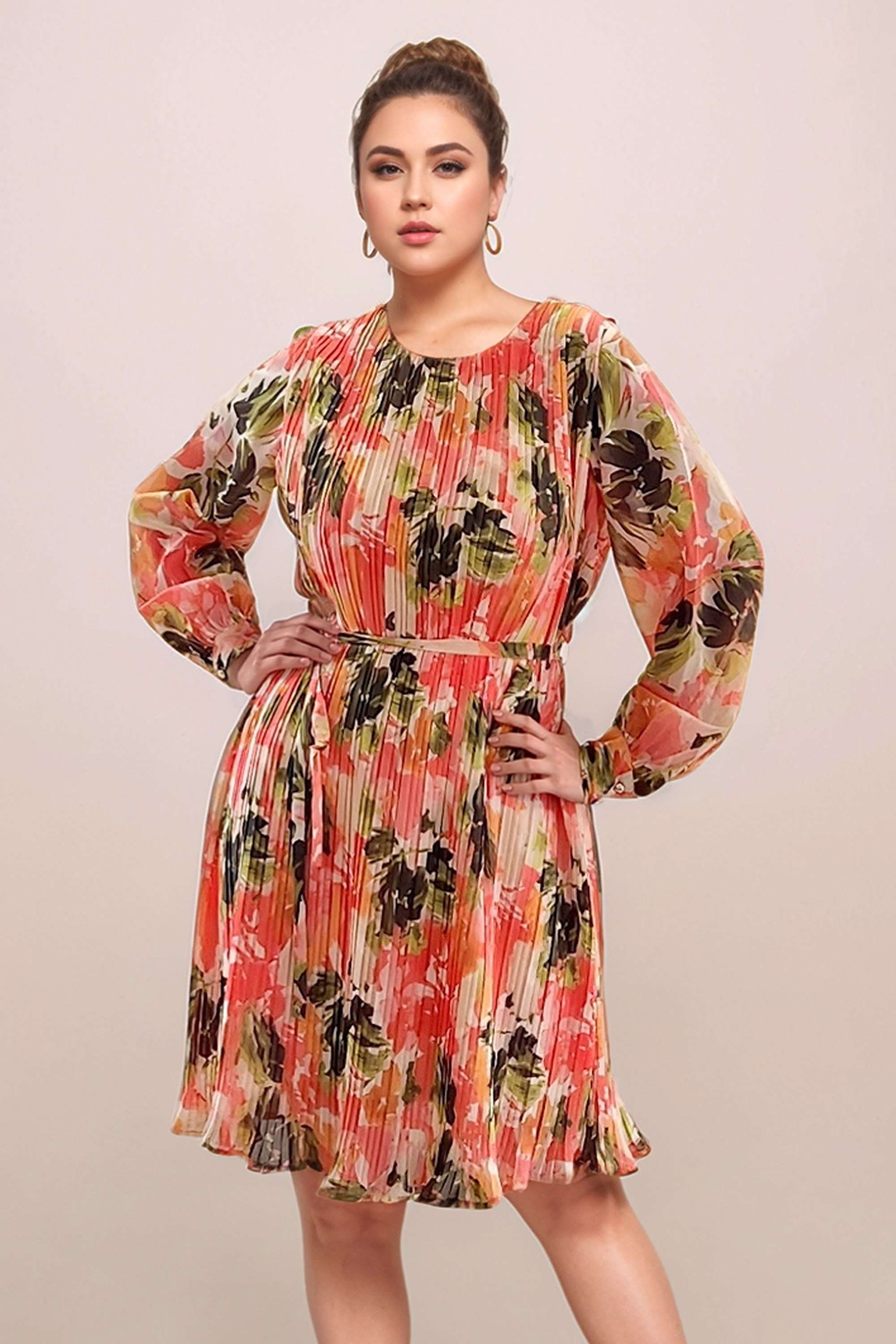 Floral-Round-Neck-Polyester-Women-s-Full-Sleeves-Short-Dress