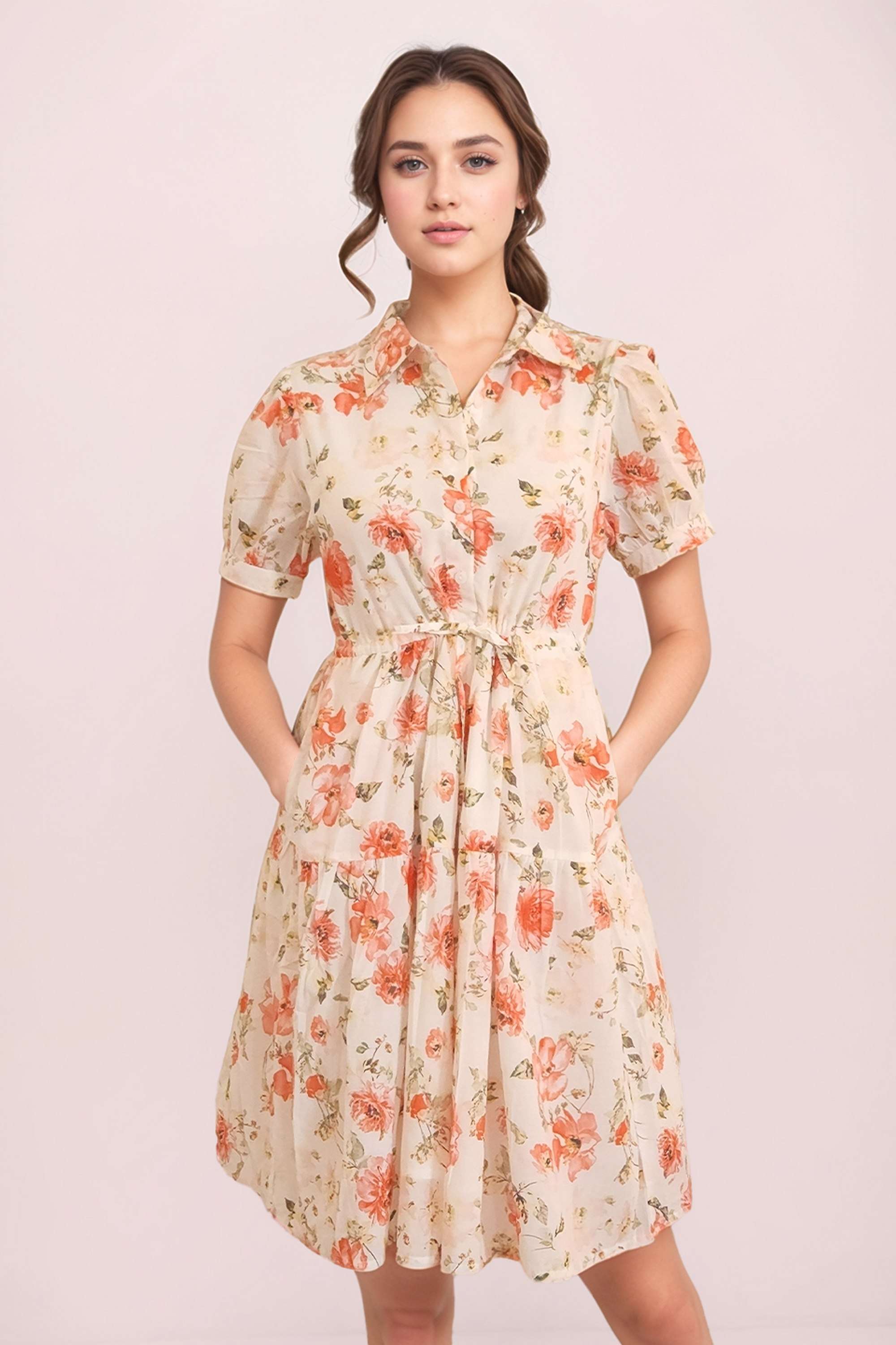 Floral-V-Neck-Full-Sleeves-Knee-Length-Cotton-Women-Casual-Wear-Dress