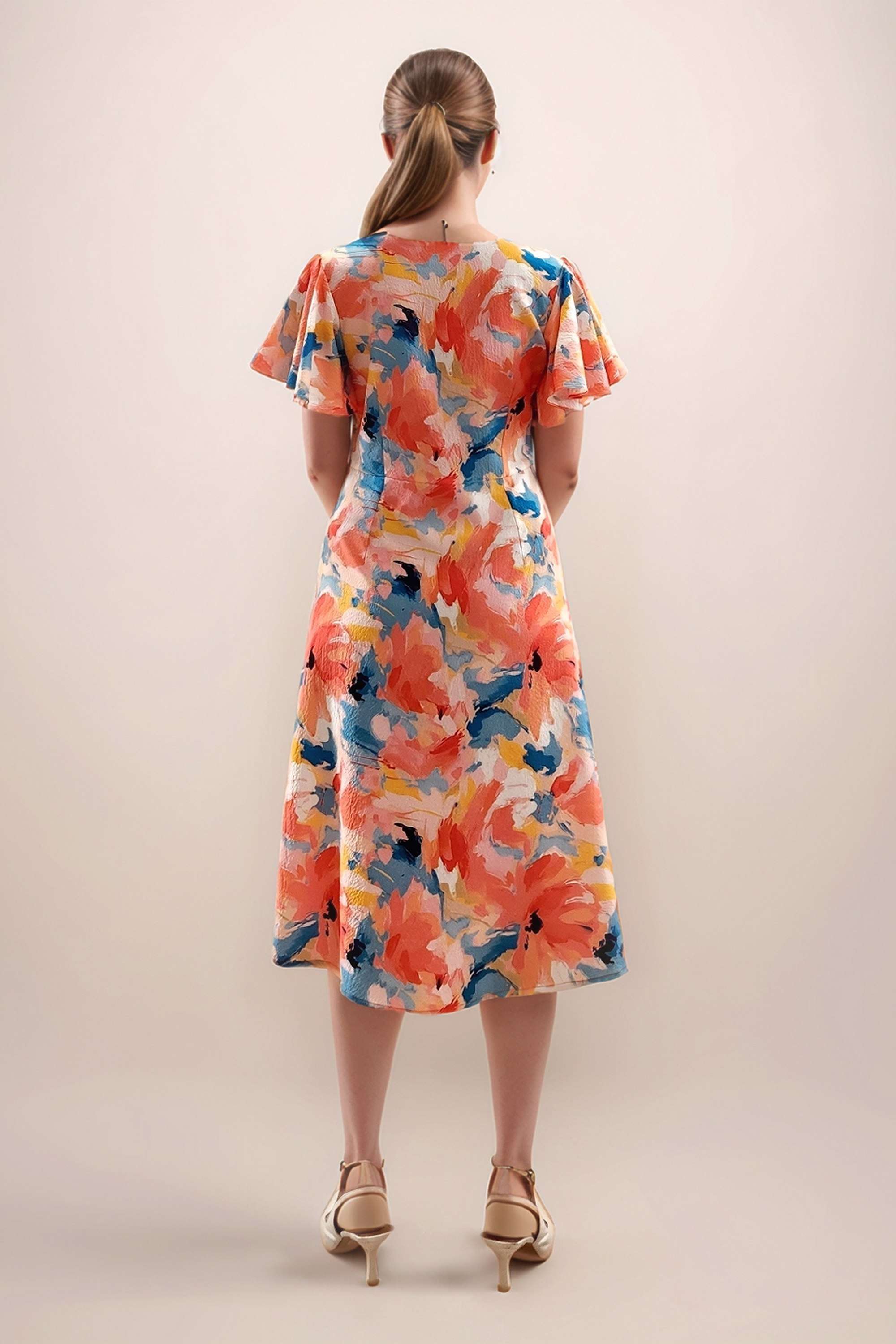 Floral-V-Neck-Polyester-Women-s-Half-Sleeves-Midi-Dress