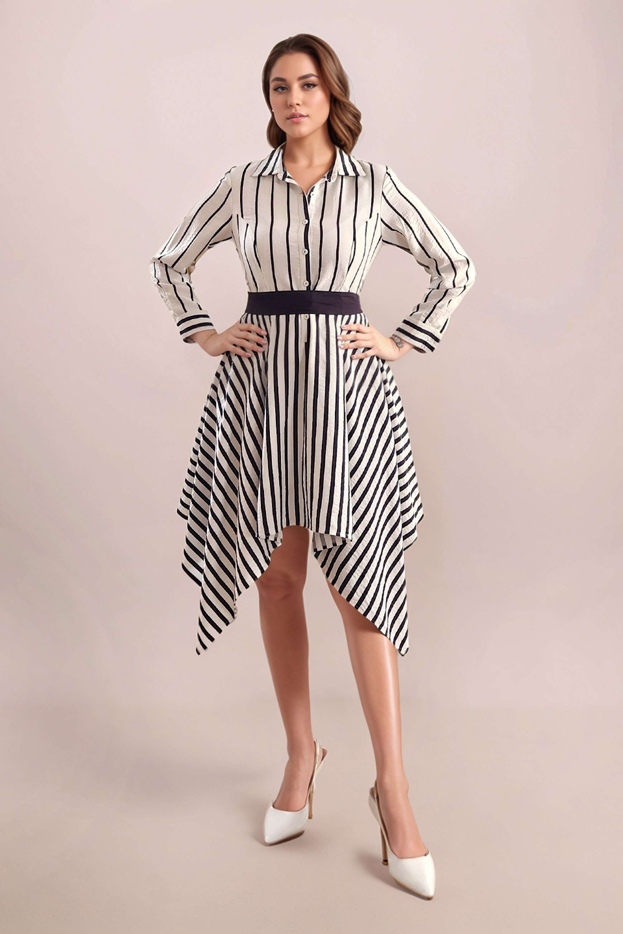 Stripes-Blended-Fabric-Collared-Women-s-Dress