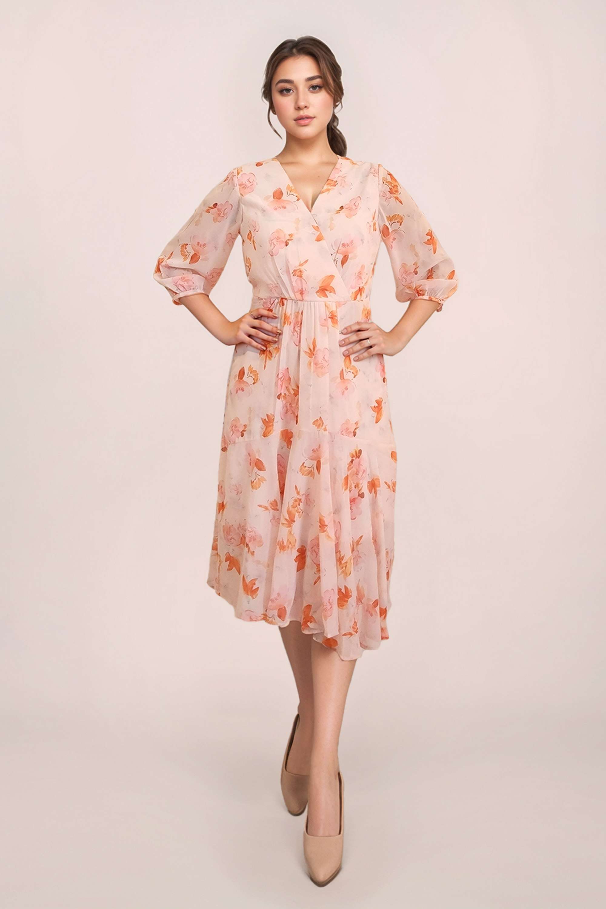 Floral-V-Neck-3/4-Sleeves-Knee-Length-Polyester-Women-Casual-Wear-Dress