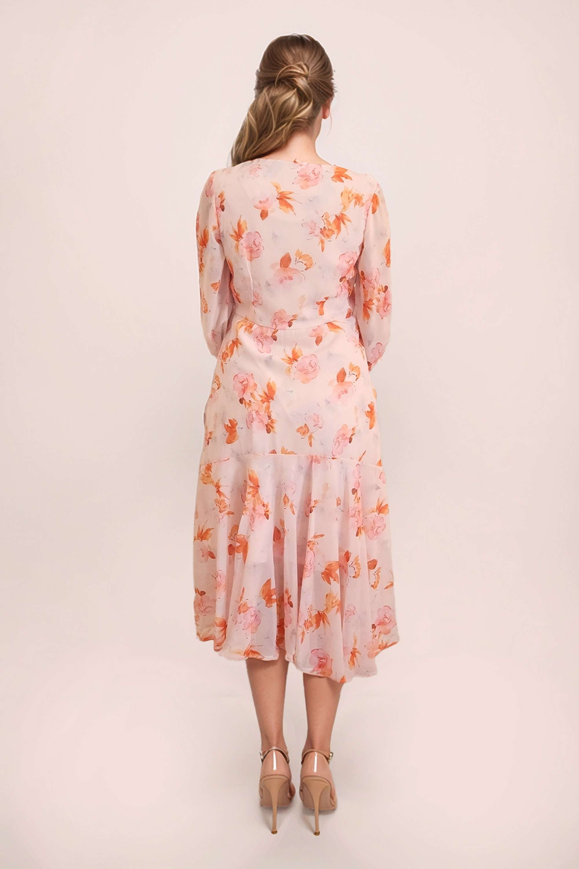 Floral-V-Neck-3/4-Sleeves-Knee-Length-Polyester-Women-Casual-Wear-Dress
